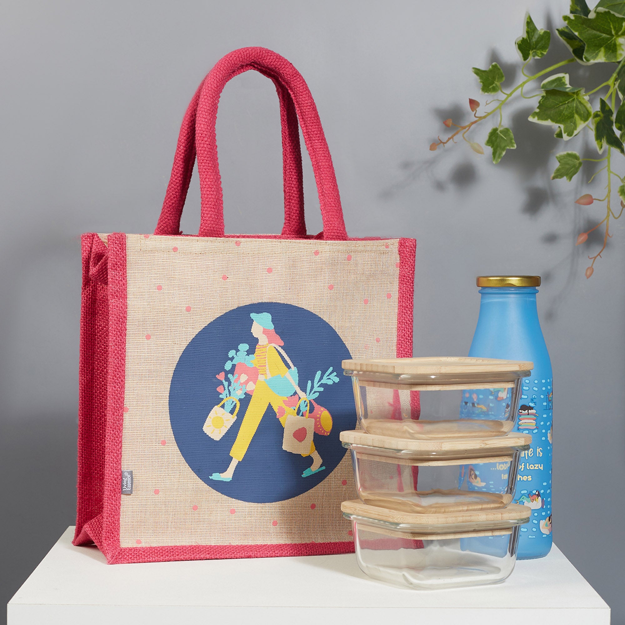 Good Life Jute Reversible Bag Garden Printed Lunch Bag 25.5 x 25.5 Cm in Multi Colour