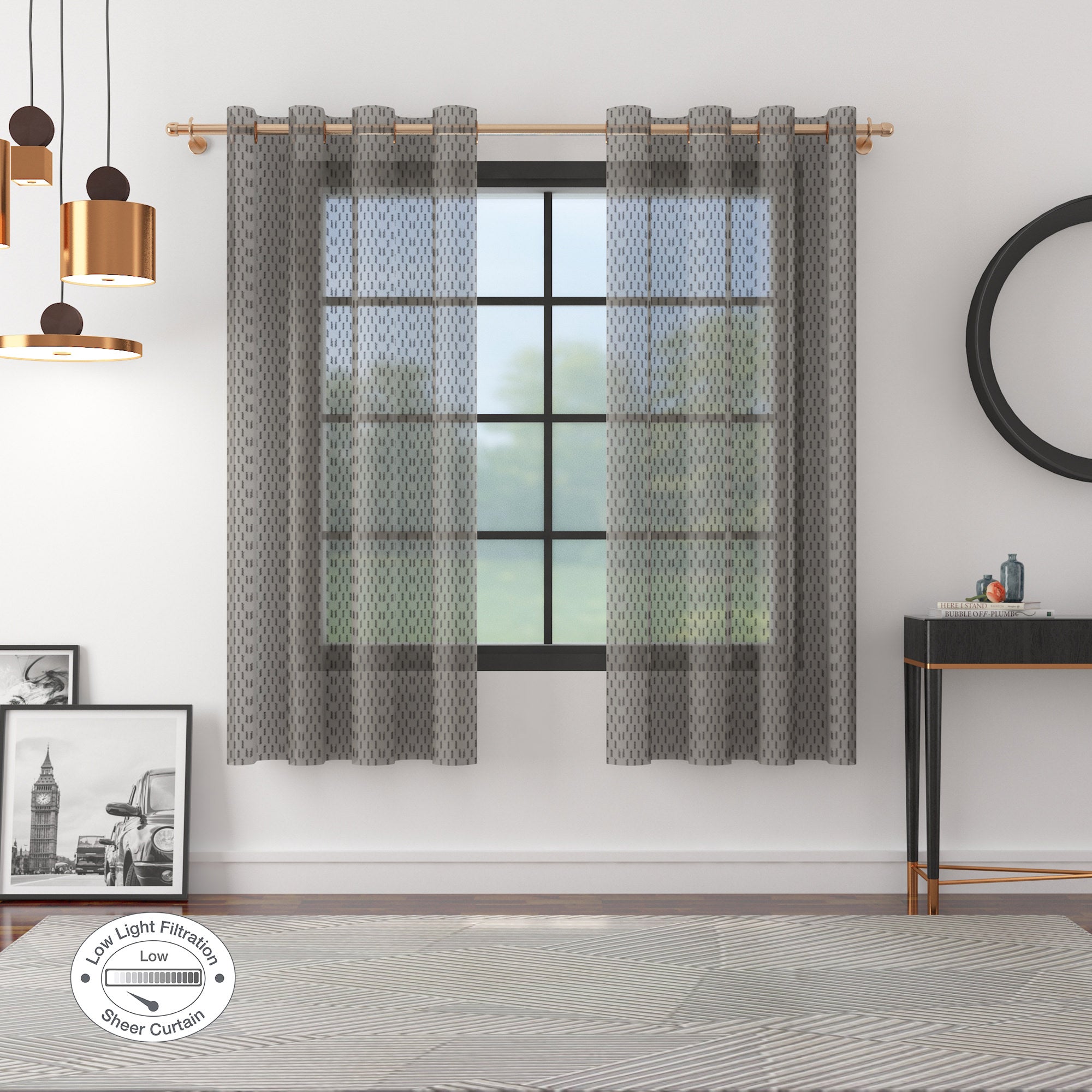 Amour Set of 2 Dobby Window Sheer Curtains 5 Feet in Charcoal Colour