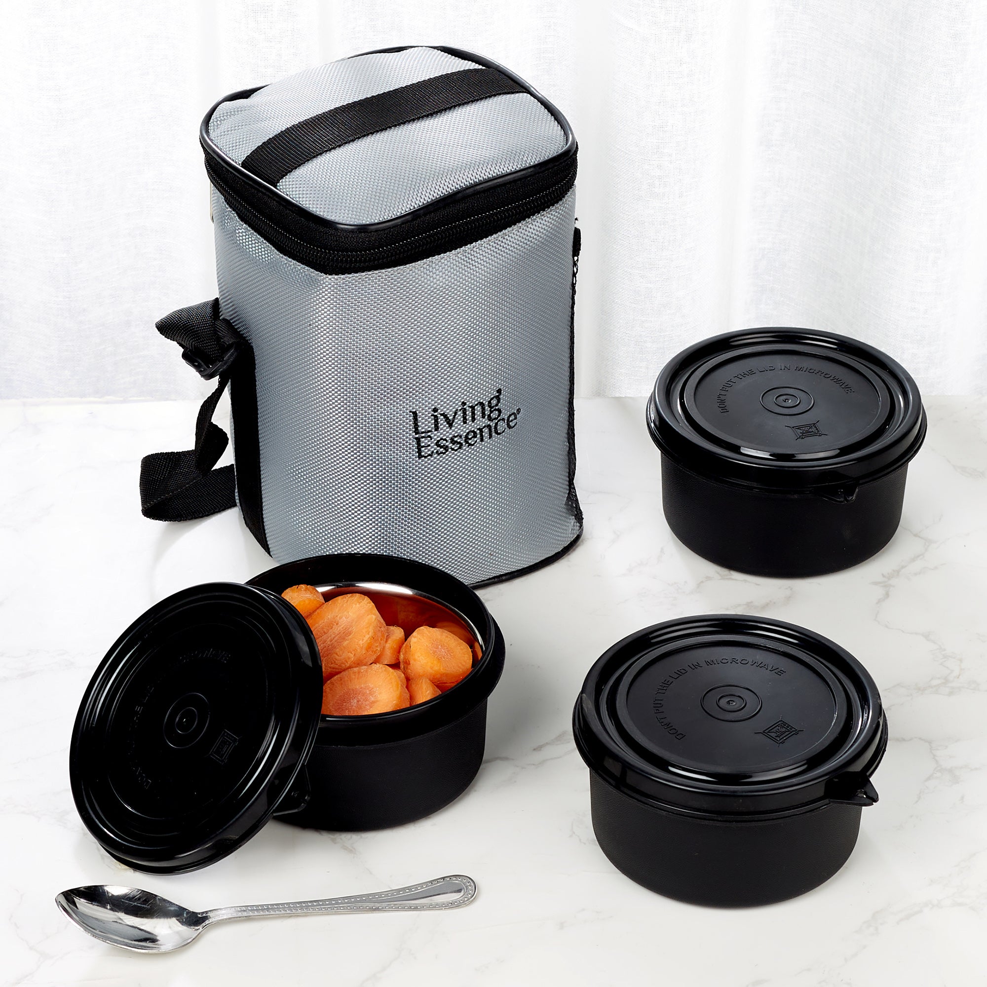 Microsafe 100% BPA Free Plastic & Stainless Steel Terra Lunch Box 400ml Set of 3 + Spoon + Carry Bag in Grey Colour