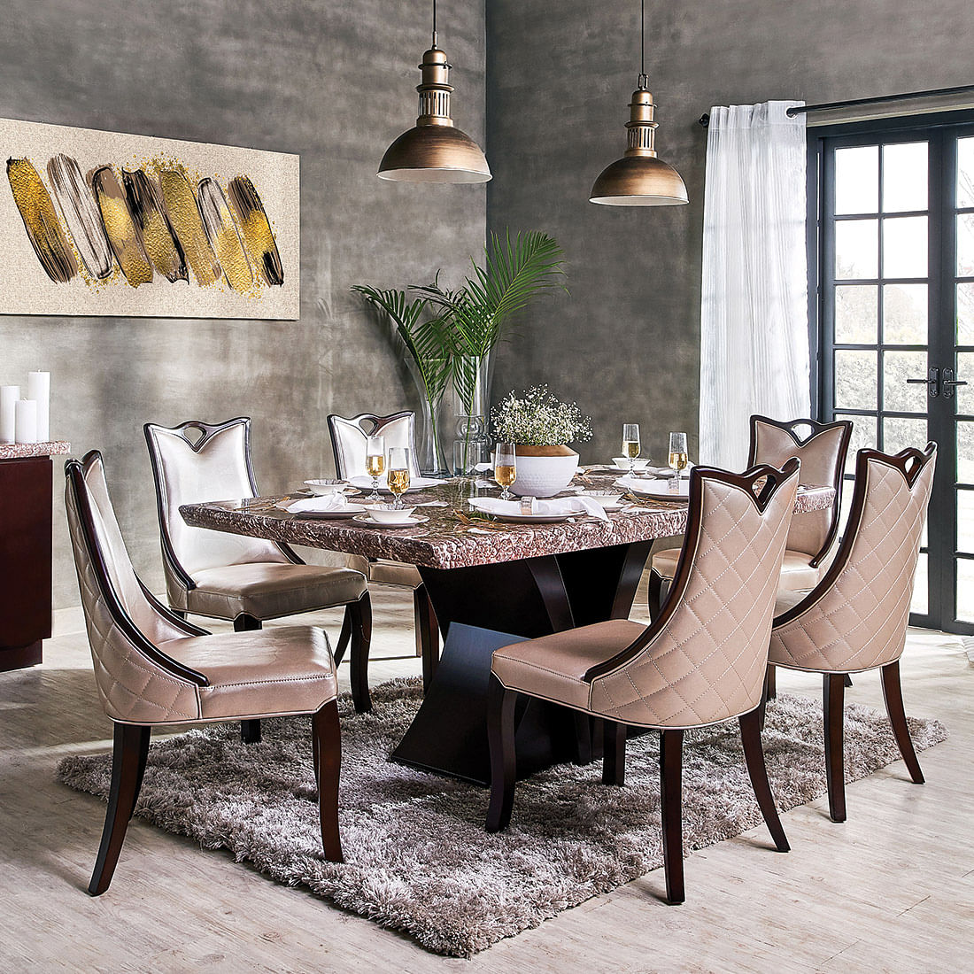 Alexandria Marble Top 6 Seater Dining Set in Beige Colour