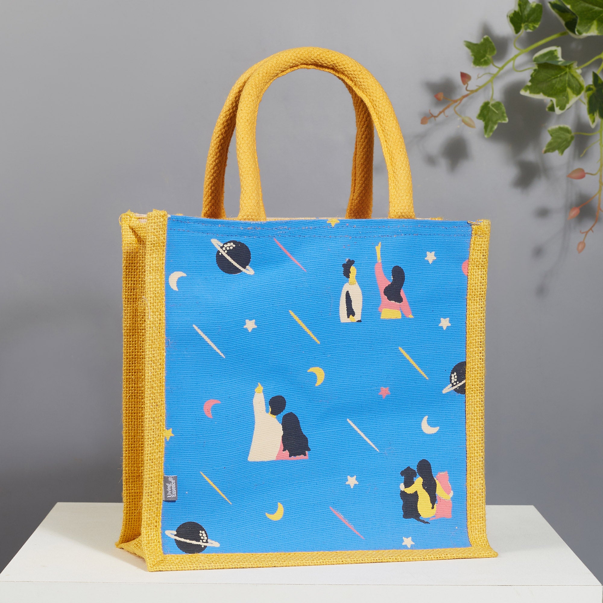 Good Life Jute Reversible Stary Night Printed Lunch Bag 25.5 x 25.5 Cm in Navy Blue & Yellow Colour