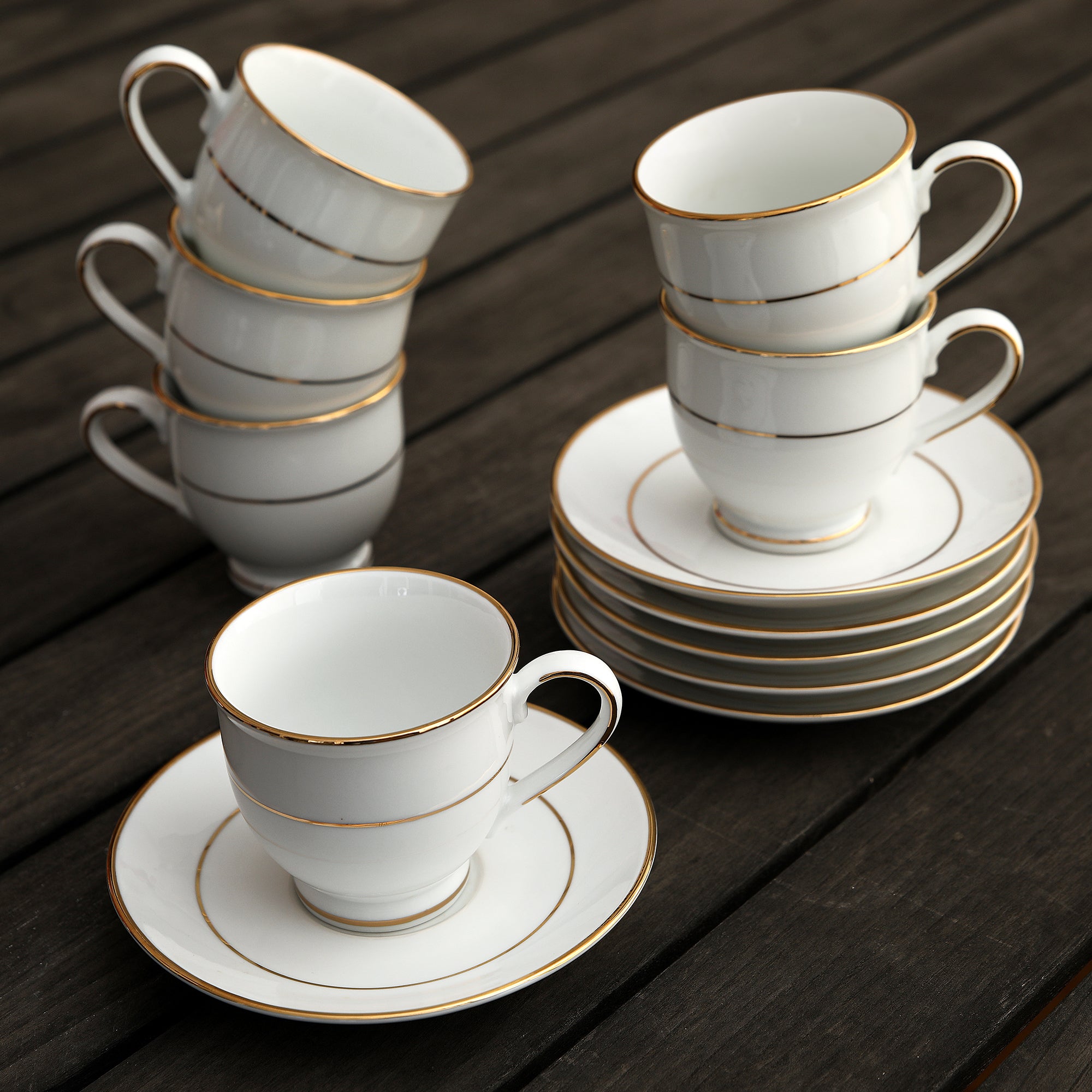 Amour Porcelain Cup & Saucer Set of 12 Pcs in Real Gold Plating & White Colour