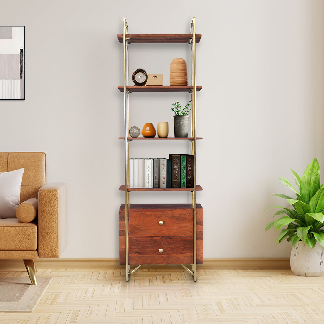 Alviya Book Shelves in Natural & Gold Colour