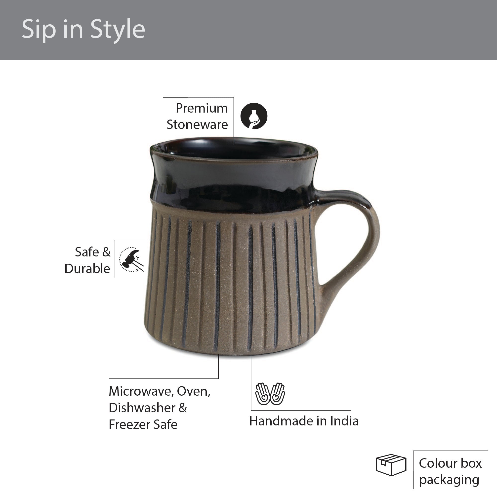 Fiesta Studio Pottery Ligne Coffee Mug 300 ML Set of 4 in Brown Colour