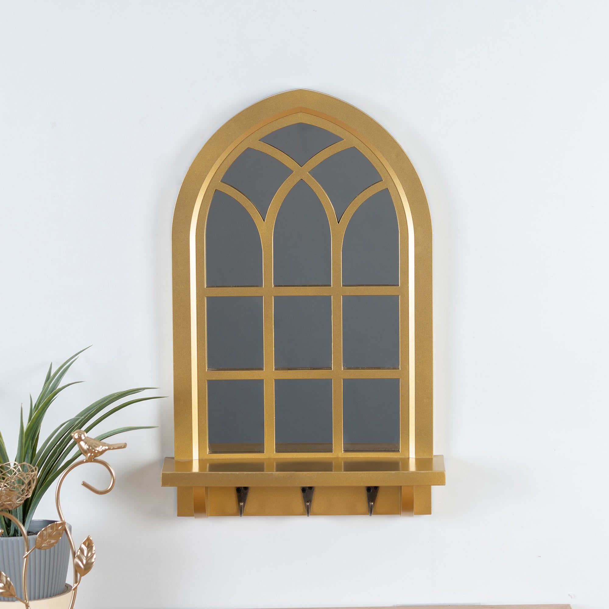 Mirage Decorative Mirror with Shelf and Hooks in Gold Colour