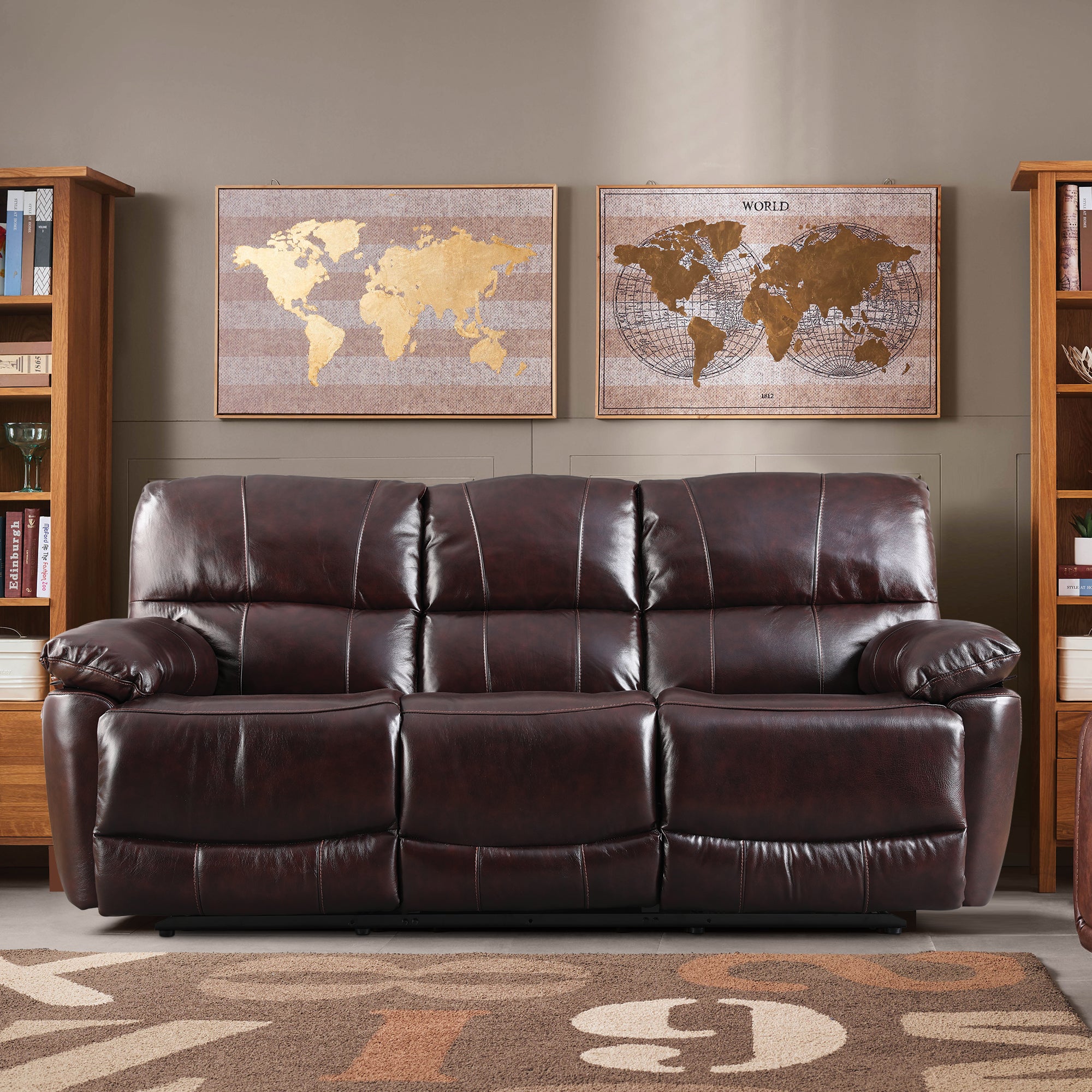 Charles Half Leather Three Seater Recliner in Burgundy Colour