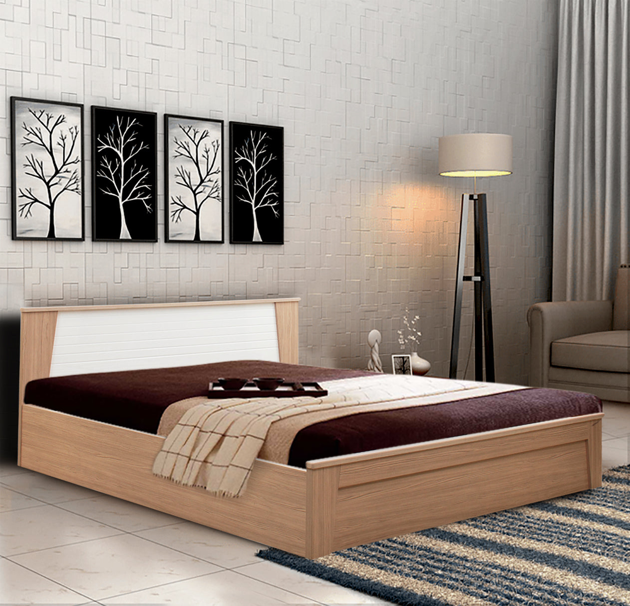Ambra Queen bed with Hydraulic storage in Oak Colour