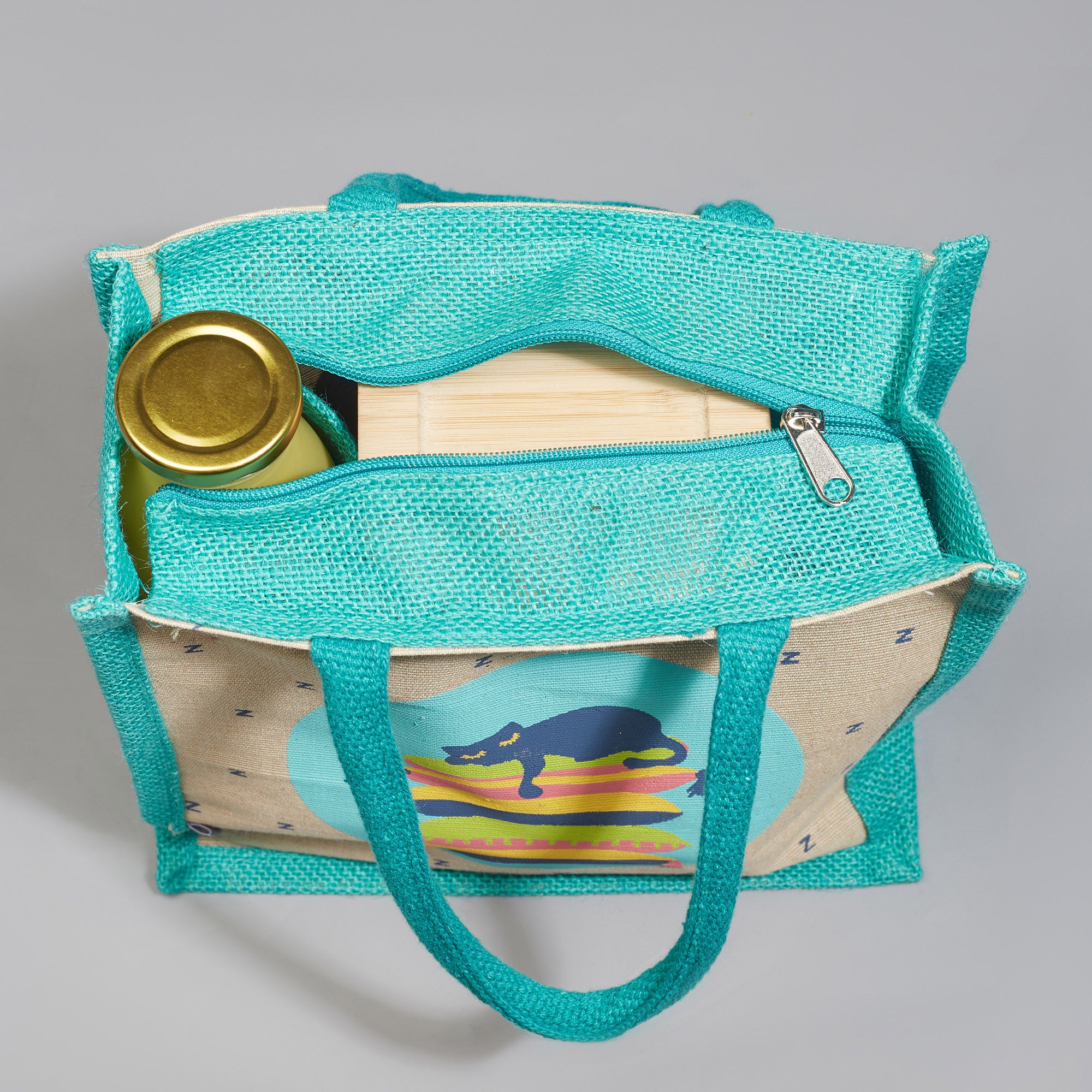Good Life Jute Reversible Lazy Lamhe Printed Lunch Bag 25.5 x 25.5 Cm in Turq Colour