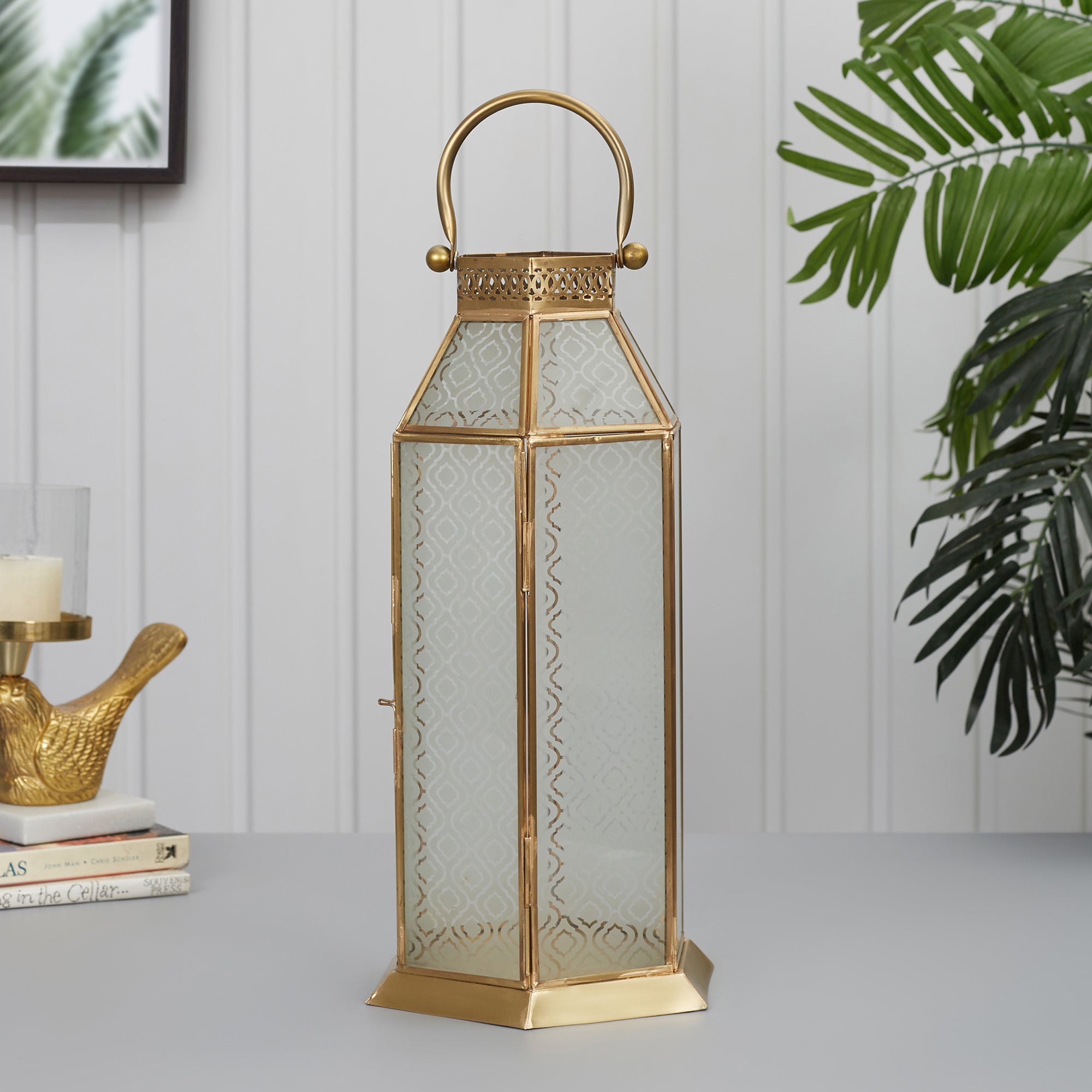 Apollo Iron and Glass Hexagon Lantern 19x43 Cm in Emerald & Gold Colour