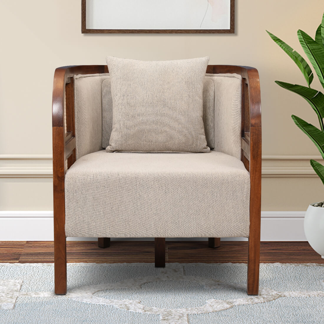 Siam Solidwood Single Seater Sofa in Beige Colour