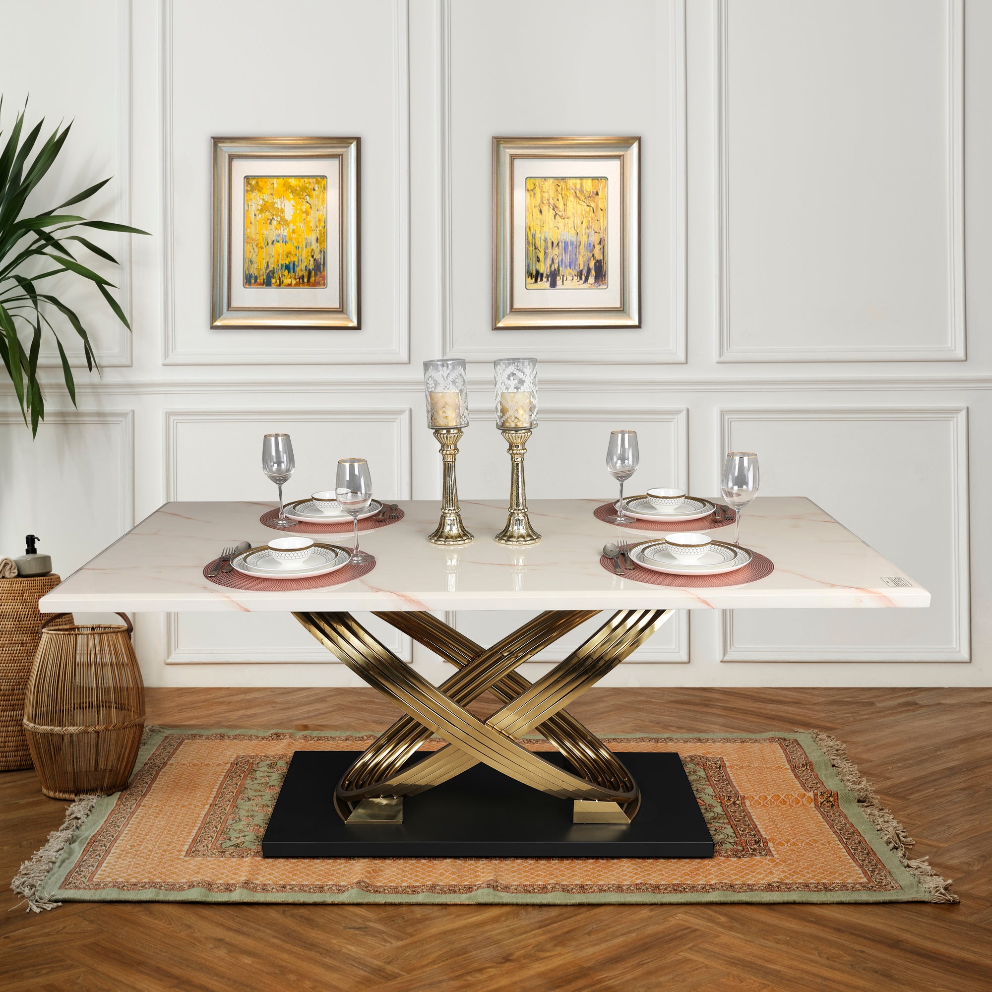 Henry Marble Finish Six Seater Dining Table in Beige & Gold Colour