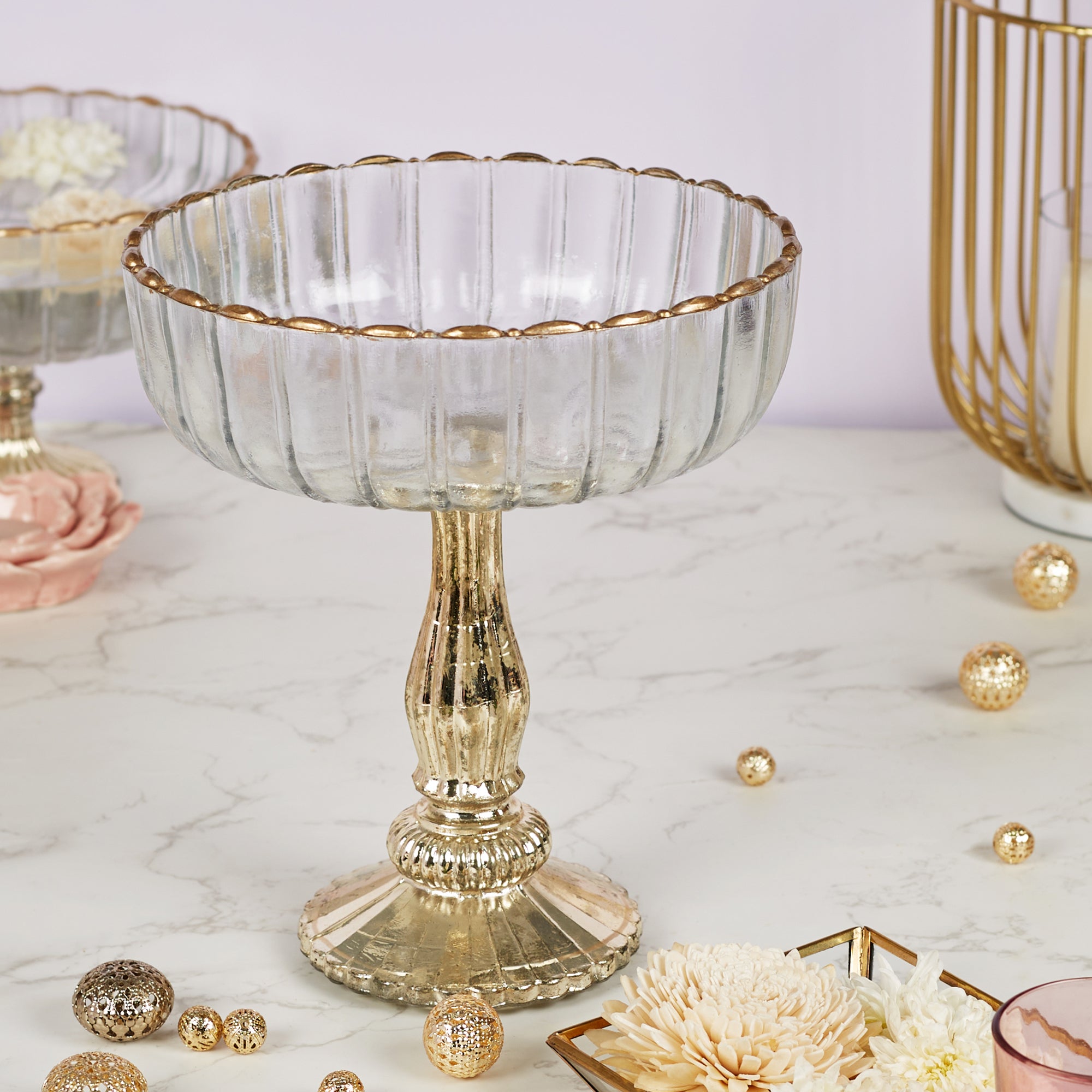 Phiona Glass Fluted Handcrafted Bowl 24 Cm in Gold Colour