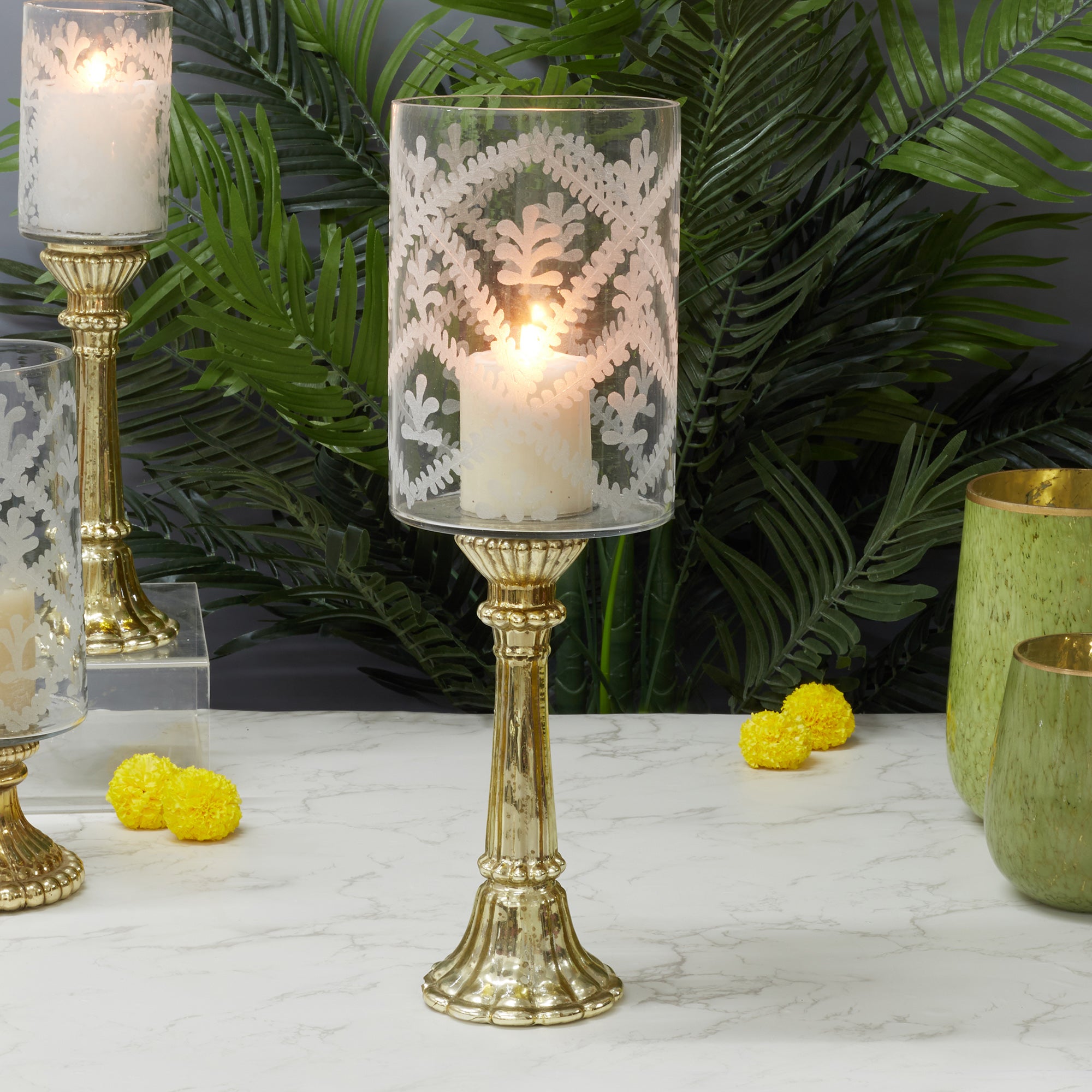 Phiona Glass Etched Handcrafted Hurricane 49 Cm in Gold Colour