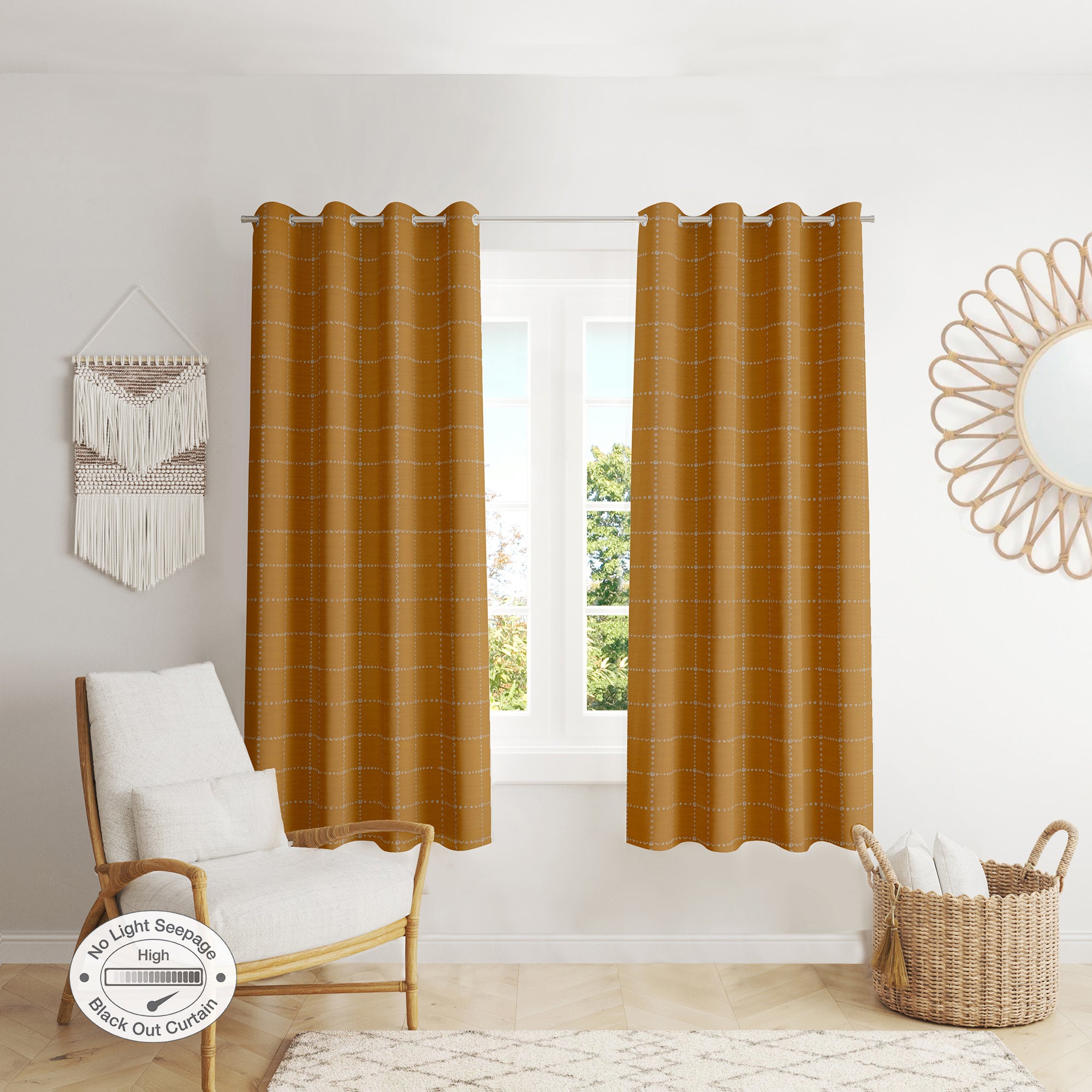 Emilia Set of 2 Foiled Double Layered Black Out Window Curtains 5 Feet in Mustard Colour