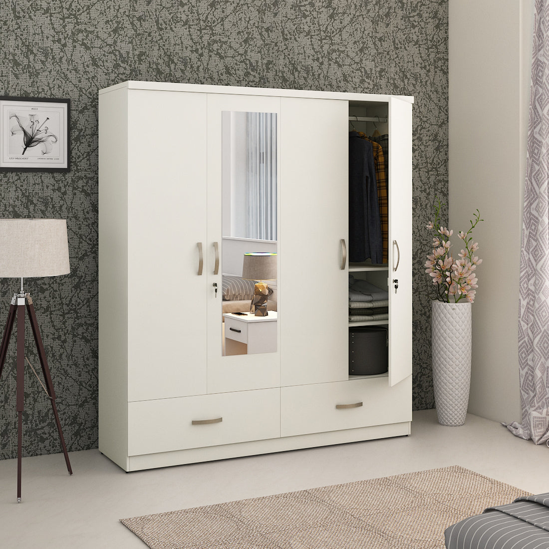 Utsav Four Door Wardrobe with Mirror in White Colour