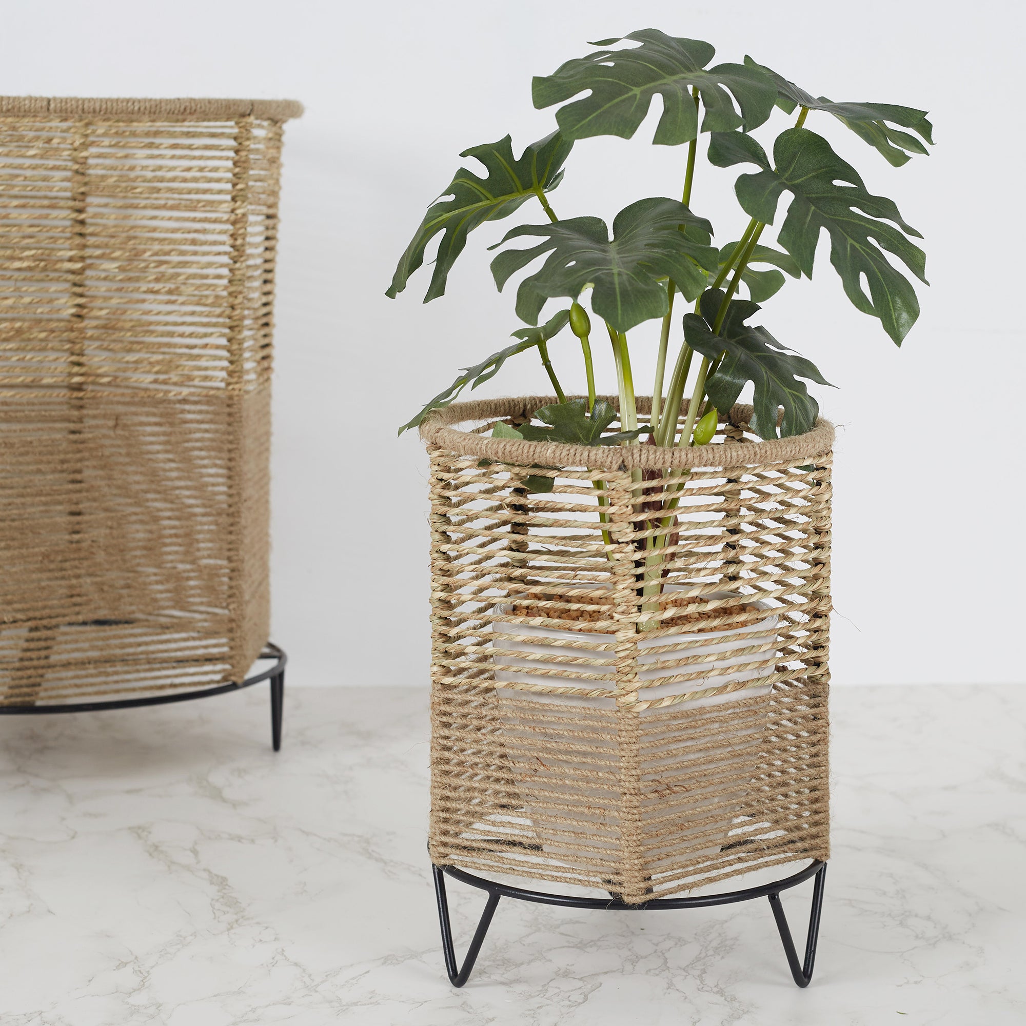 Boho Metal And Natural Fiber Planter Stand 27Cm in Brown Colour