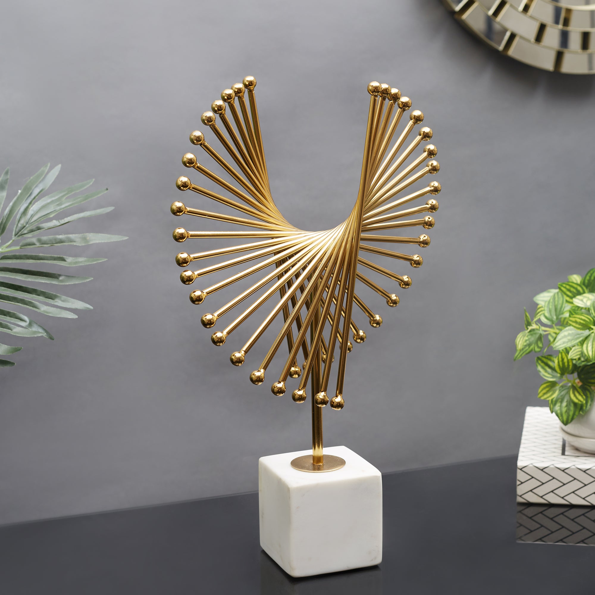 Reeves Metal And Marble Abstract Table Decor in White & Gold Colour