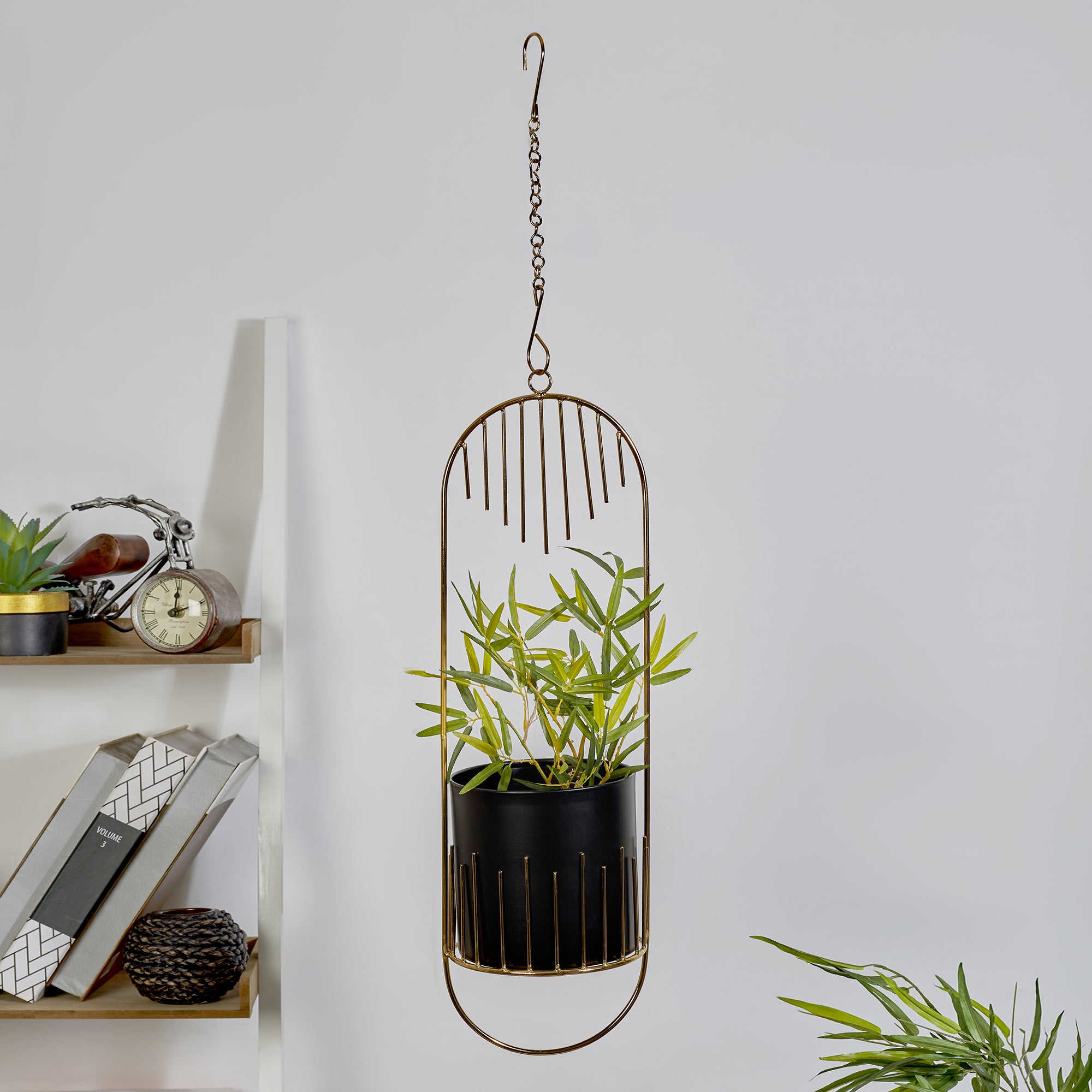 Artiskylar Metal Matt Finish Hanging Planter 58 Cm in Black and Gold Colour