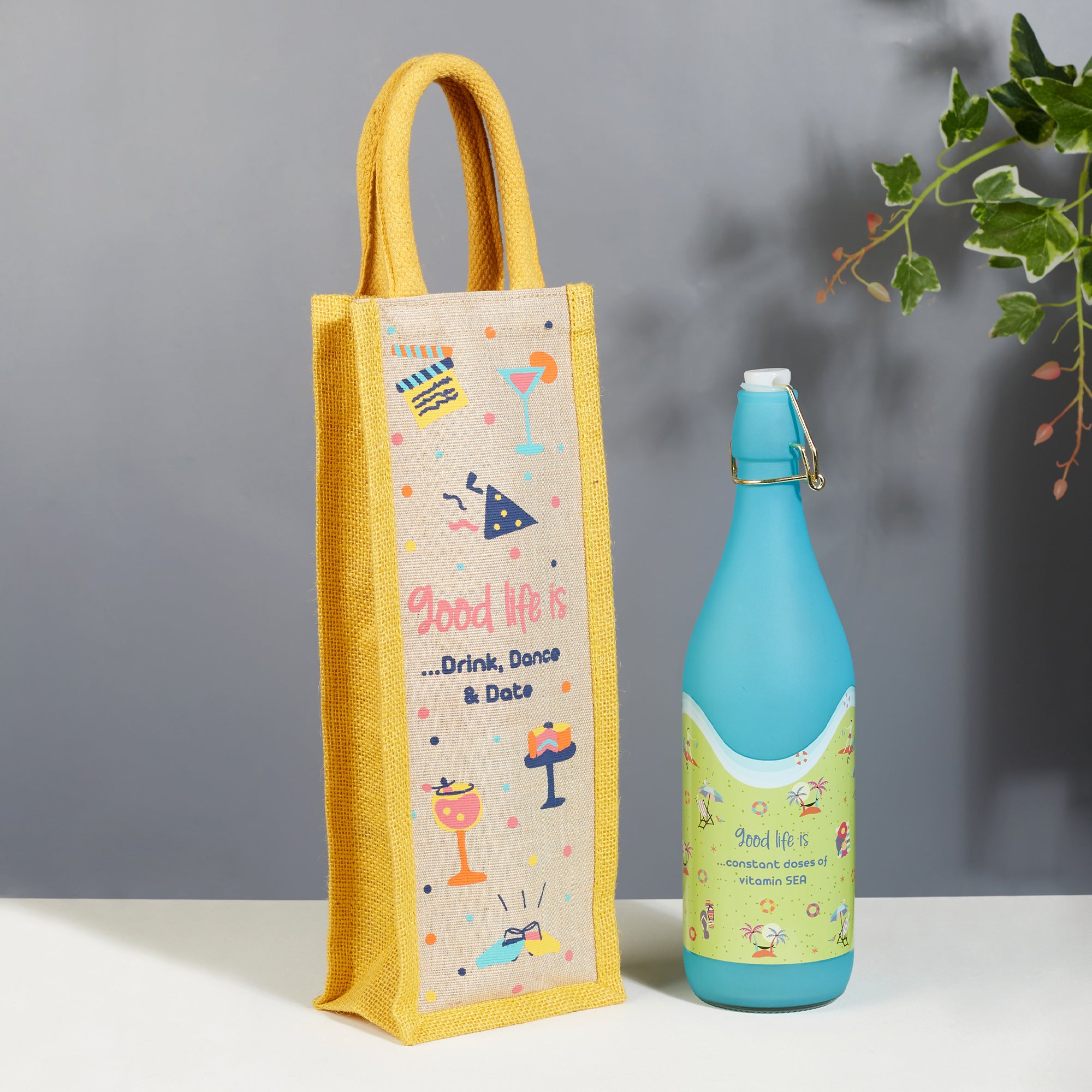 Good Life Jute Reversible Dessert Printed Bottle Bag 12 x 35.5 Cm in Yellow Colour