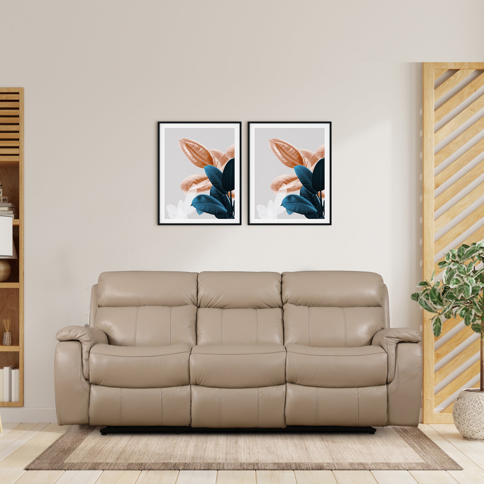 Plush Leather Three Seater Electric Recliner in Beige Colour
