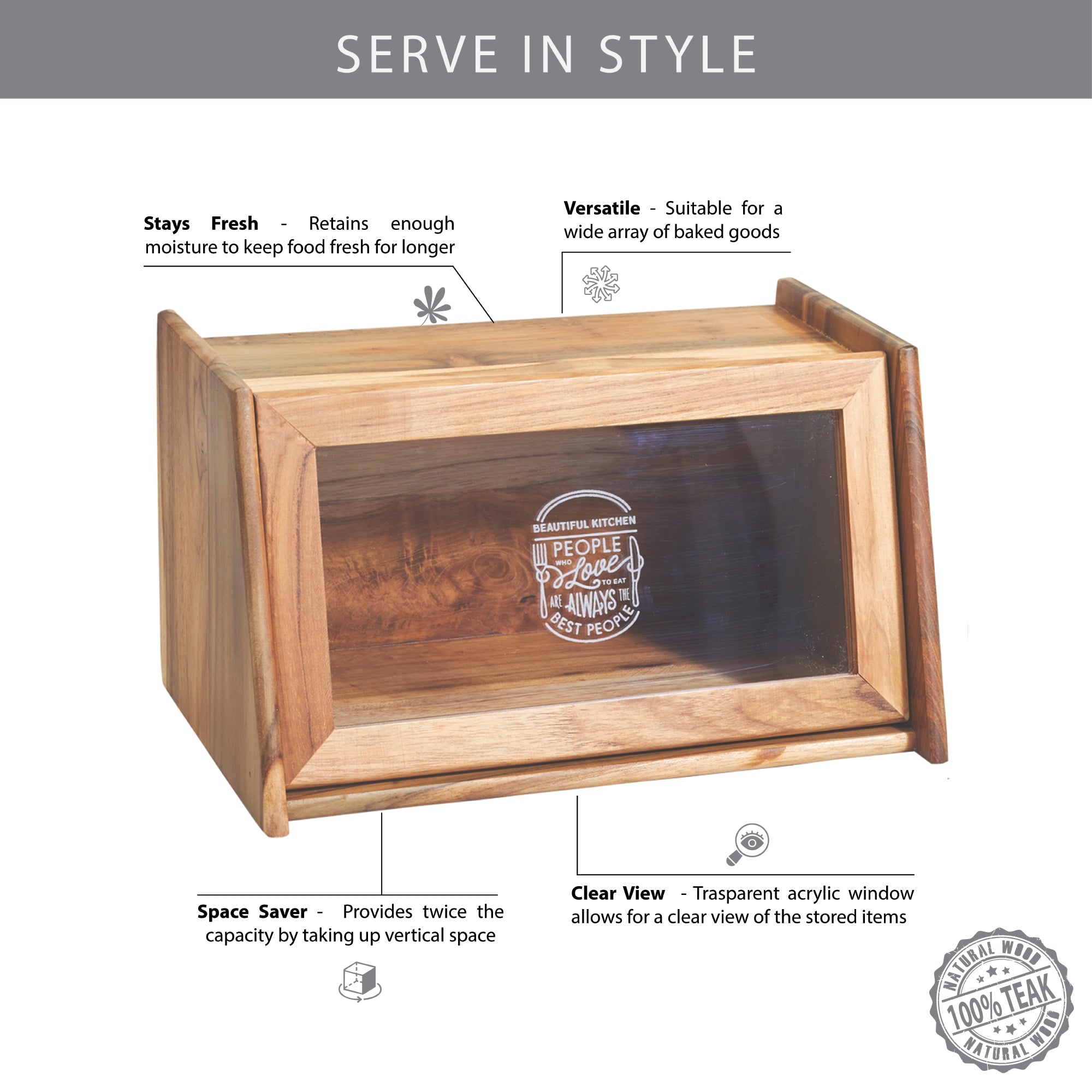 Beautiful Kitchen Wood and Acrylic Bread Box in Brown Colour
