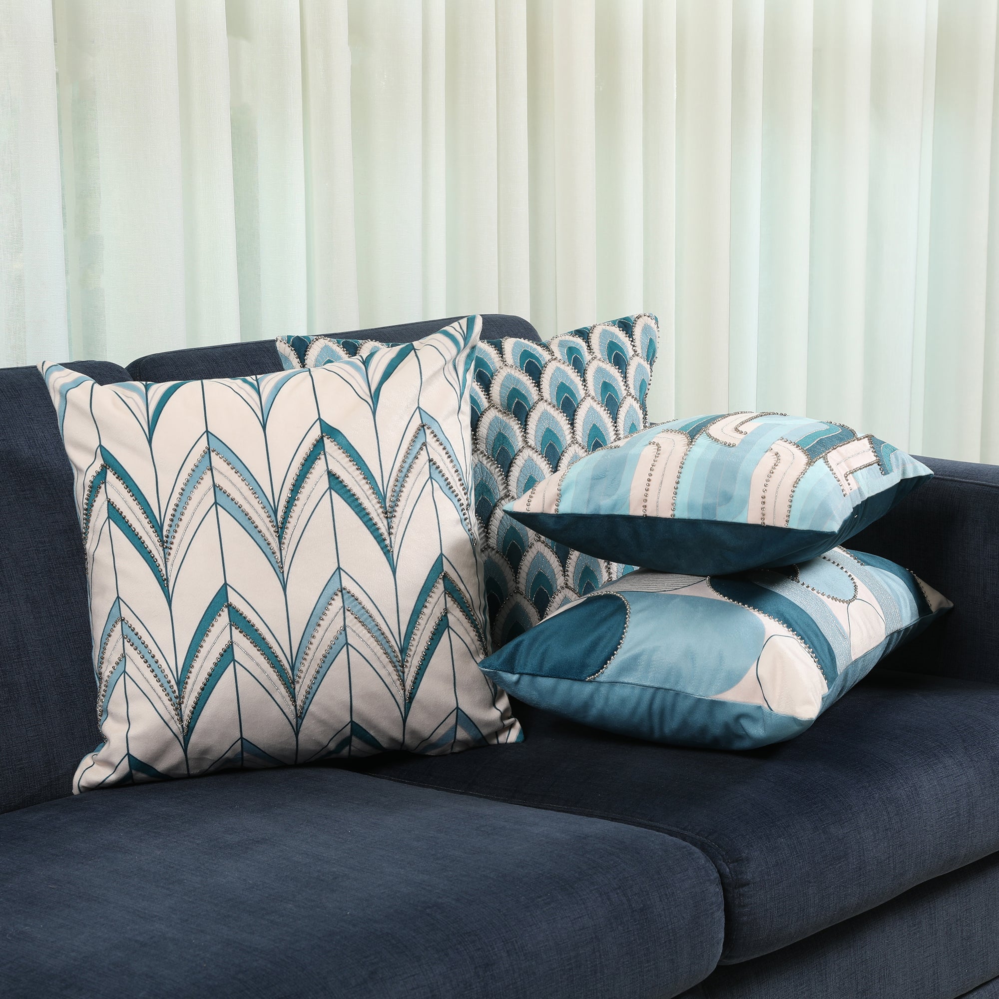 Plush Elegance Art Deco Cushion Cover Blue, 30X45cm