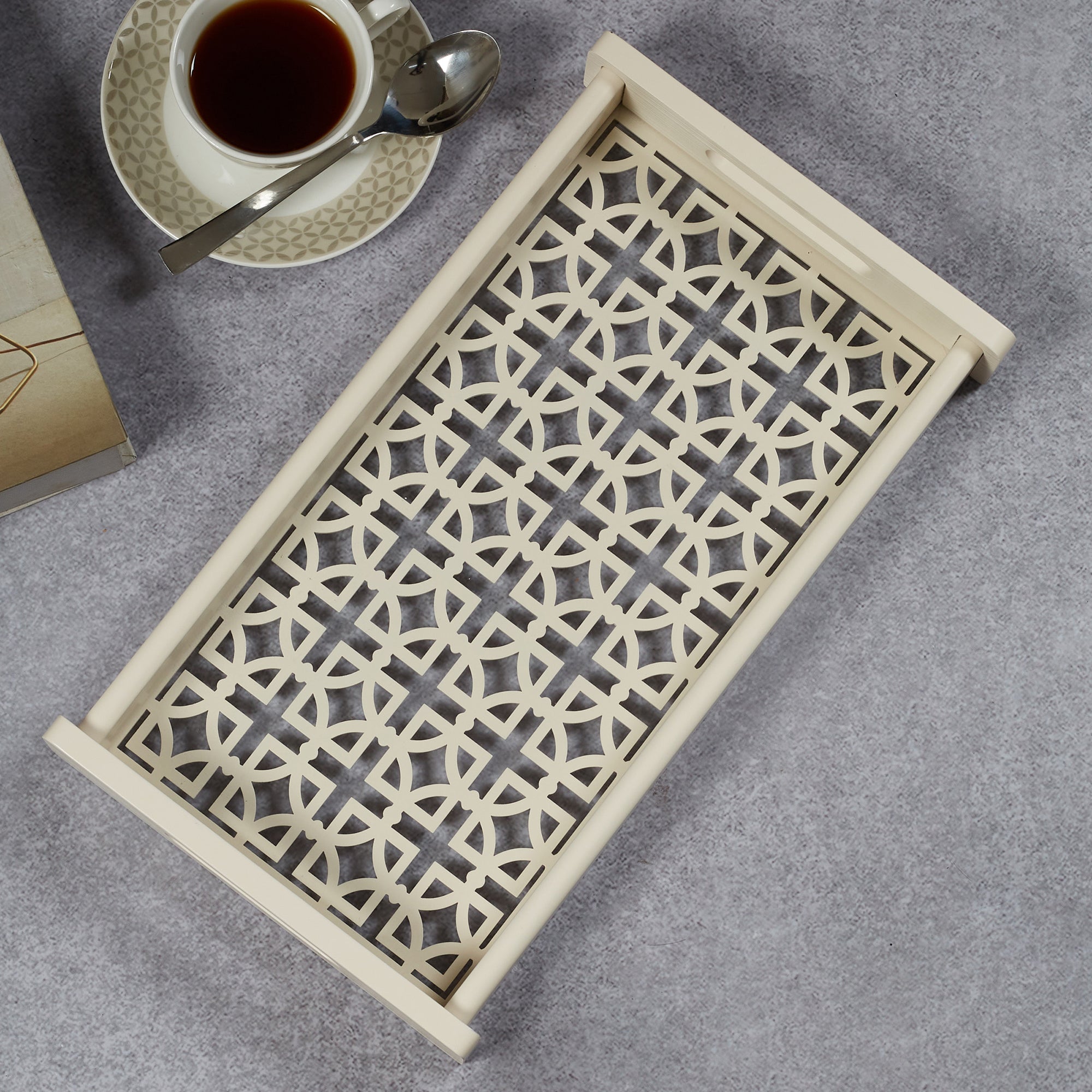 Laser Engineered Wood Cut Tray With Glass Small Rectangle in Multi Colour