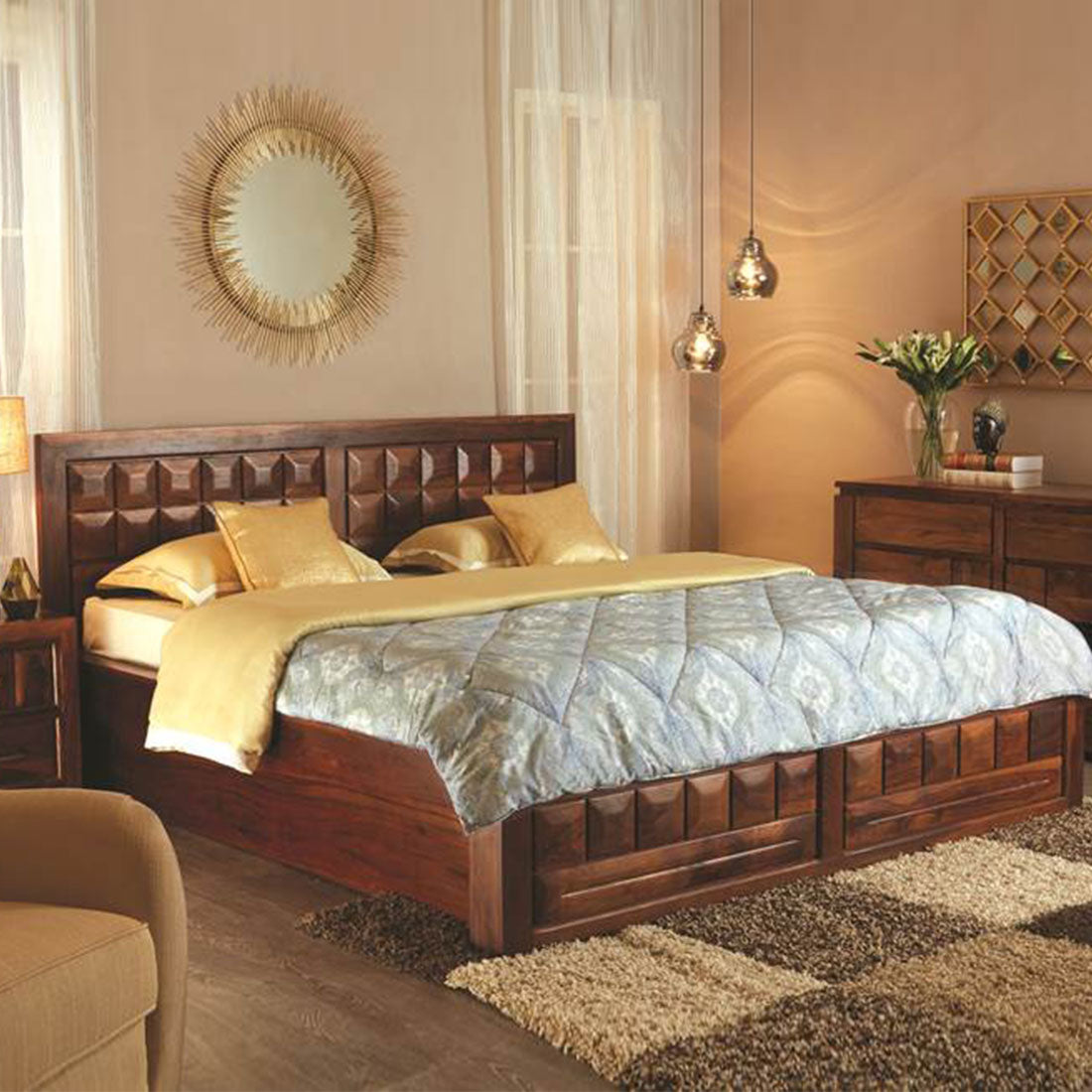 Woodrow Sheesham Wood(Rosewood) Queen bed with Box storage in Honey Colour