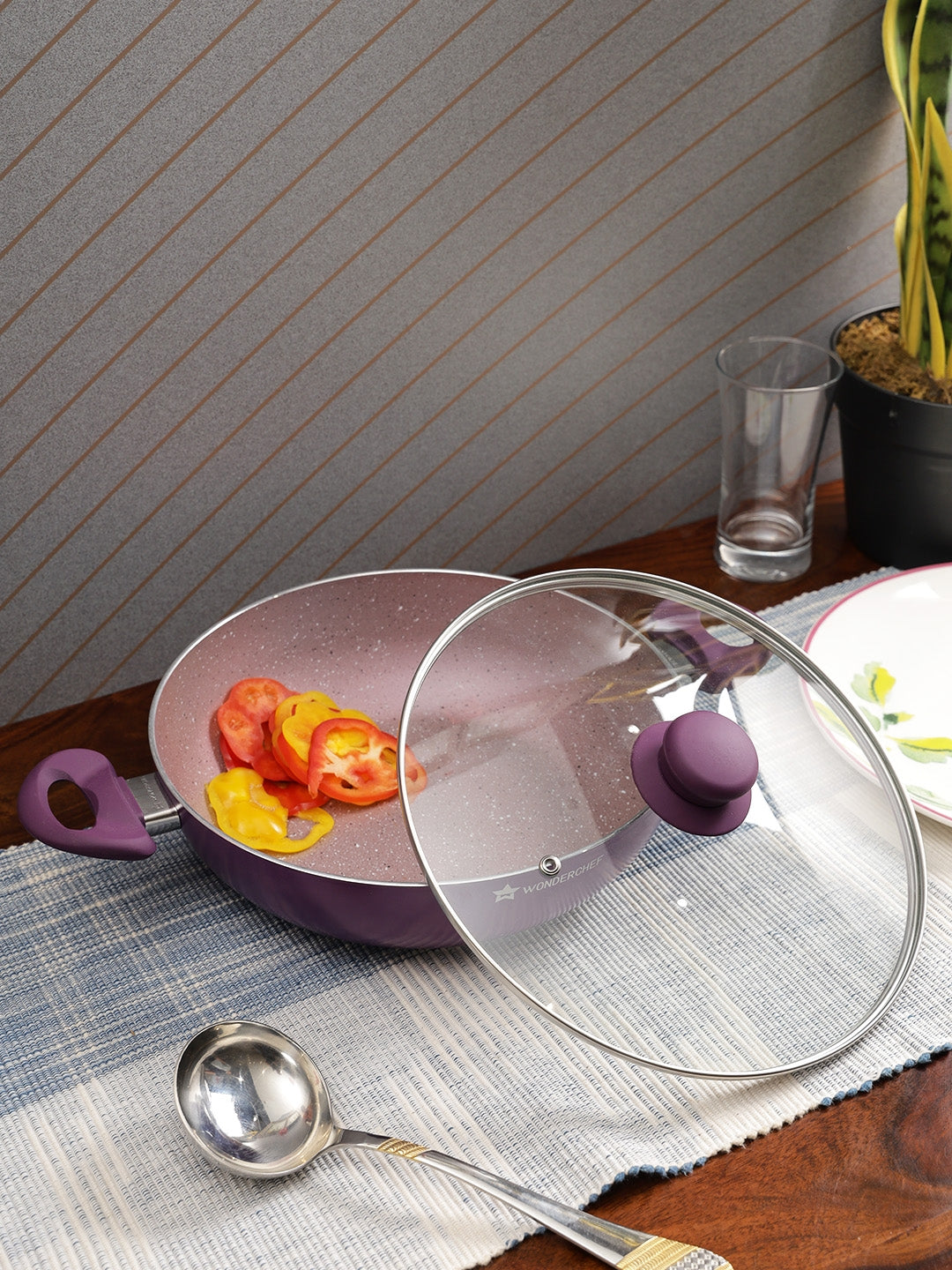 Royal Velvet Induction Bottom Non-Stick Steel Wok With Lid 26cm / 3.2 Ltr / 3mm in Purple Colour