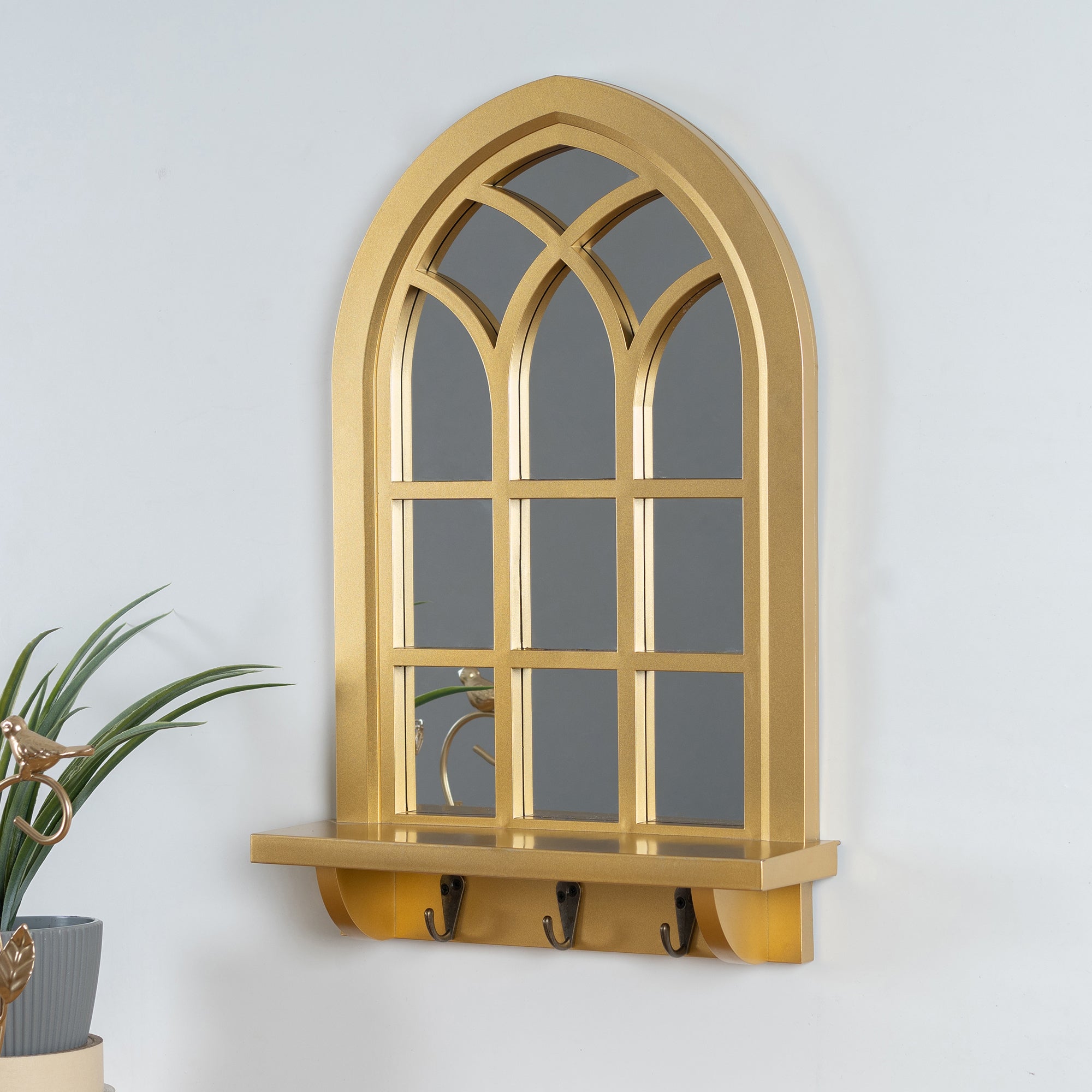 Mirage Decorative Mirror with Shelf and Hooks in Gold Colour