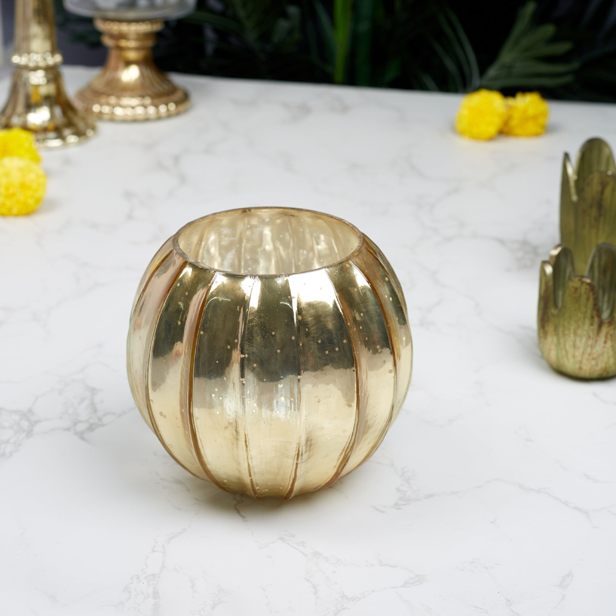 Phiona Glass Pumpkin Handcrafted Mercury Votive 14 Cm in Gold Colour