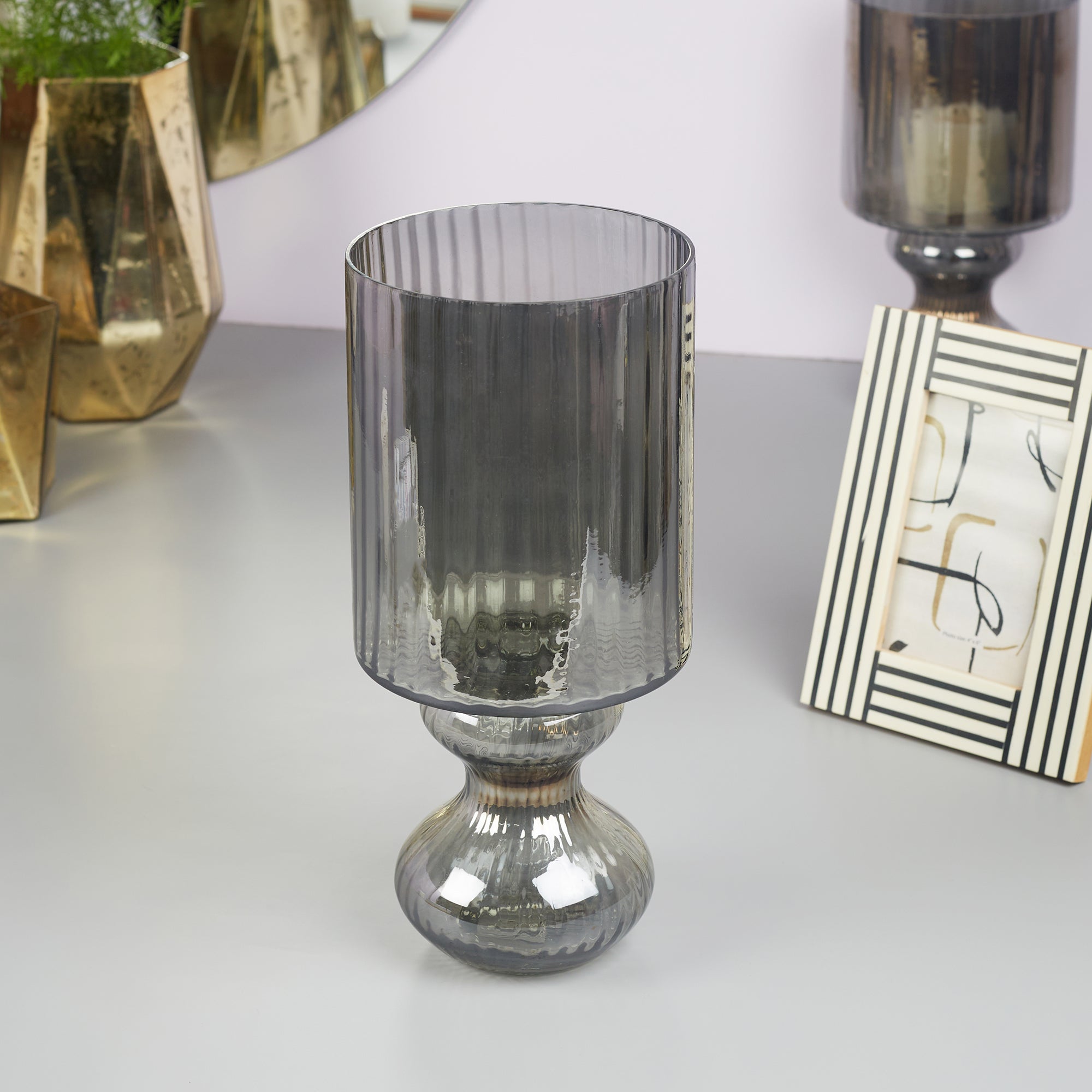 Phiona Glass Fluted Handcrafted Hurricane 33Cm in Black Colour