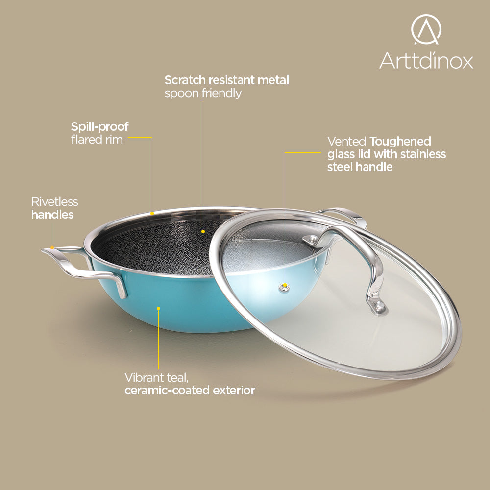 Vida Triply Kadhai 24cm Teal  with Glass Lid