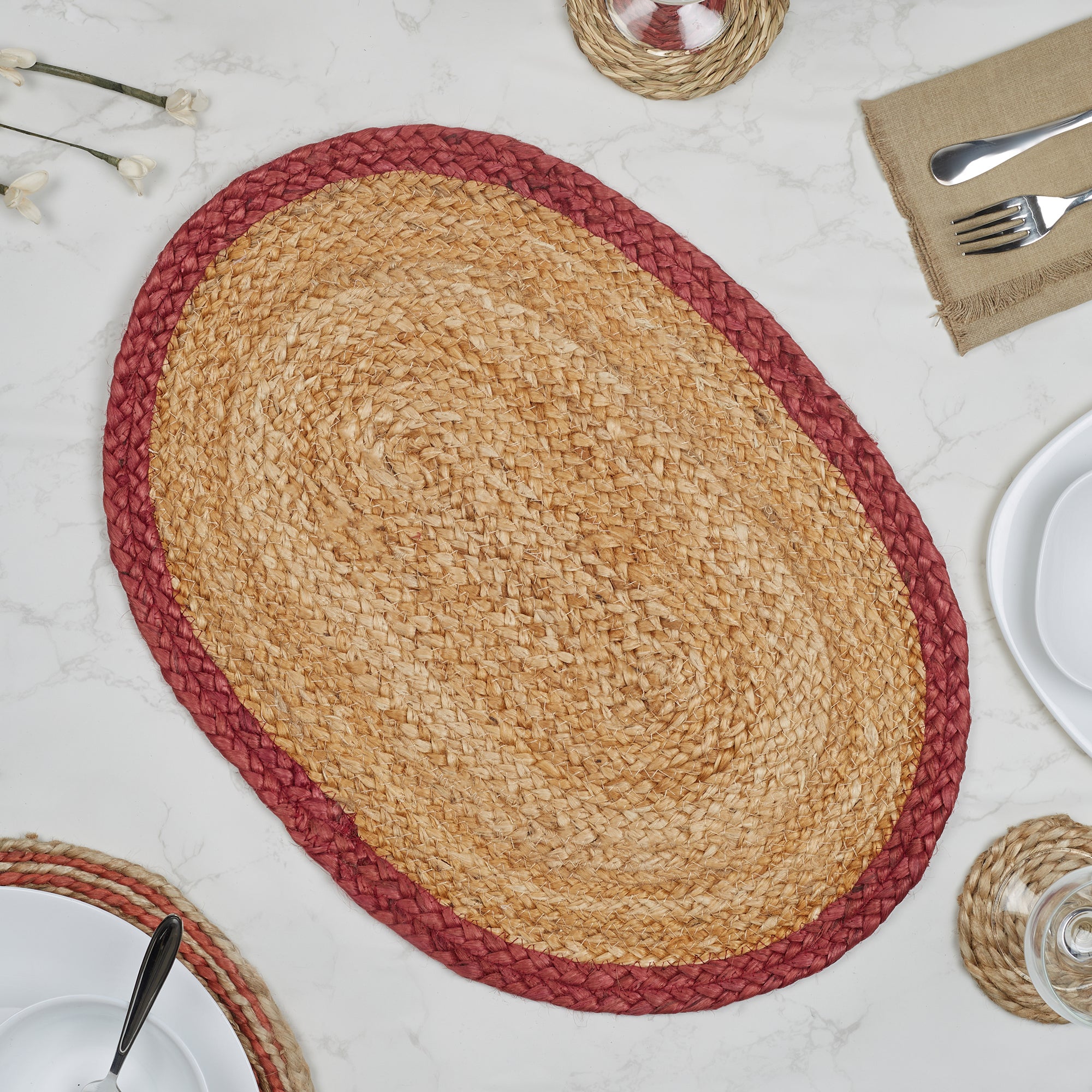 Boho  Handmade Jute Placemat 38x38 Cm in Natural & Rust Colour