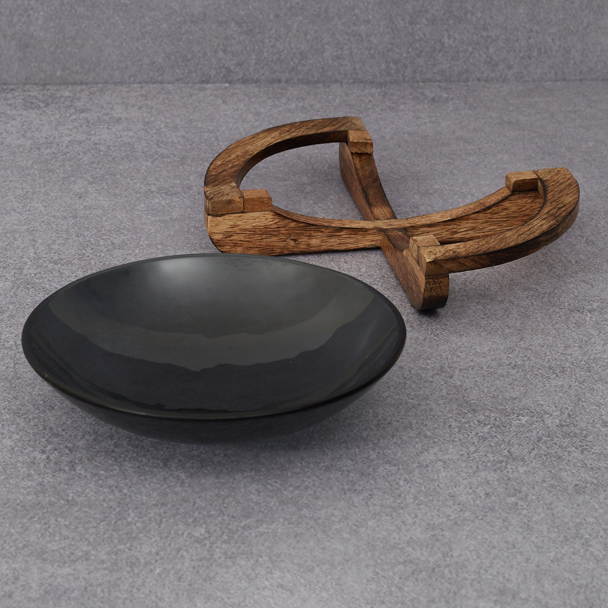 Ebony Glass & Wooden Cross Bowl 24cm in Black Texture Colour