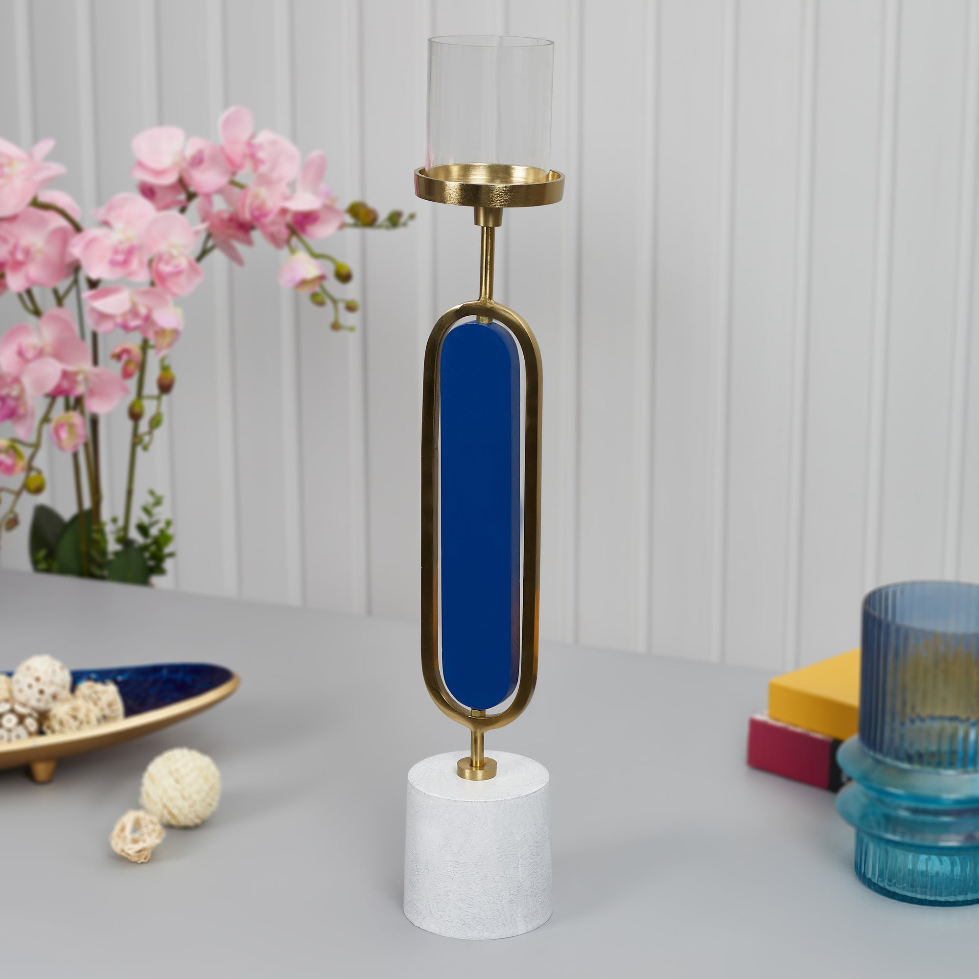 Athena Wood, Metal and Glass Oval Candle Holder 10x50 Cm in Navy Blue Colour