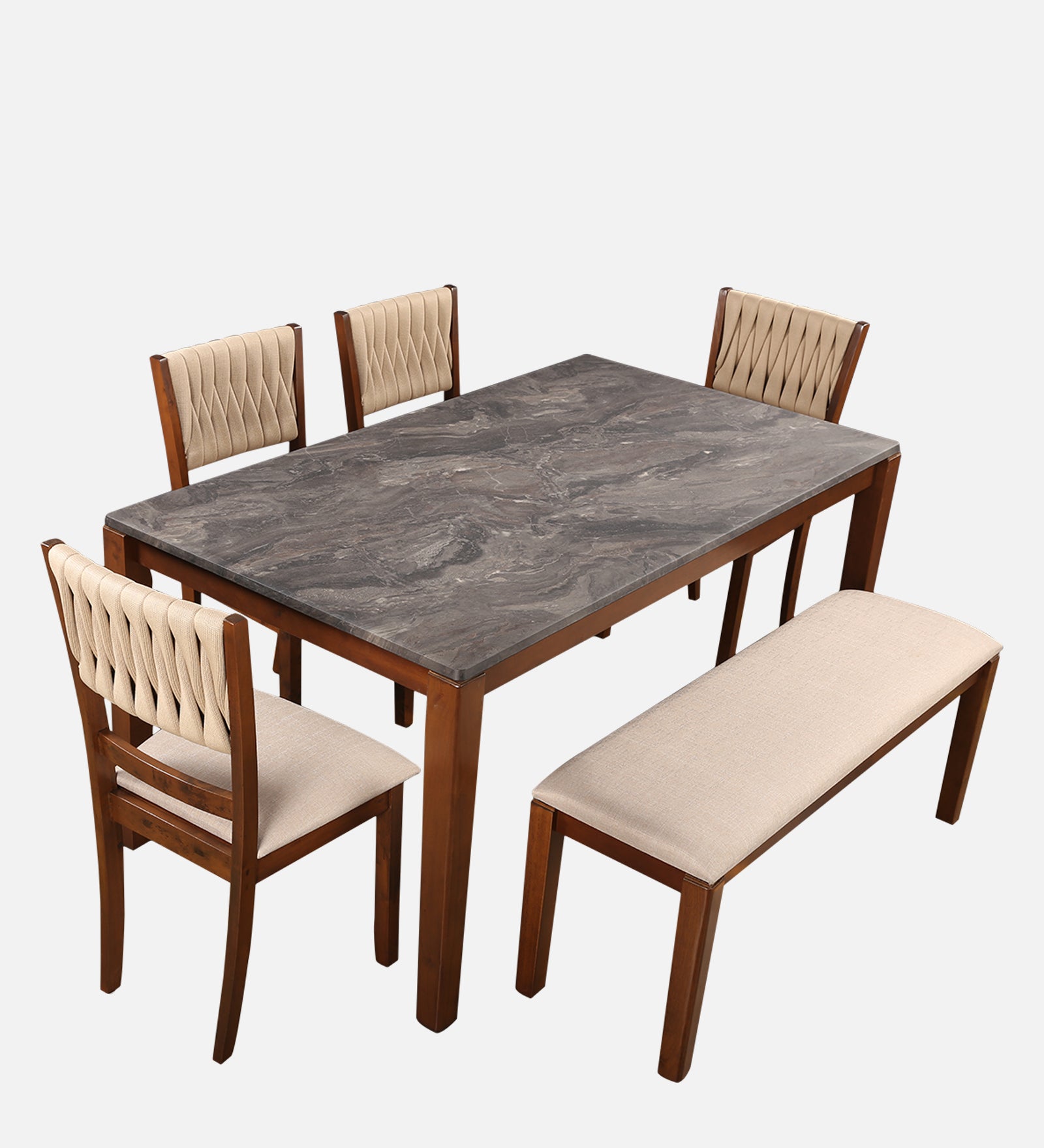 Quest Marble Top Six Seater Dining Set With Bench in Walnut Colour