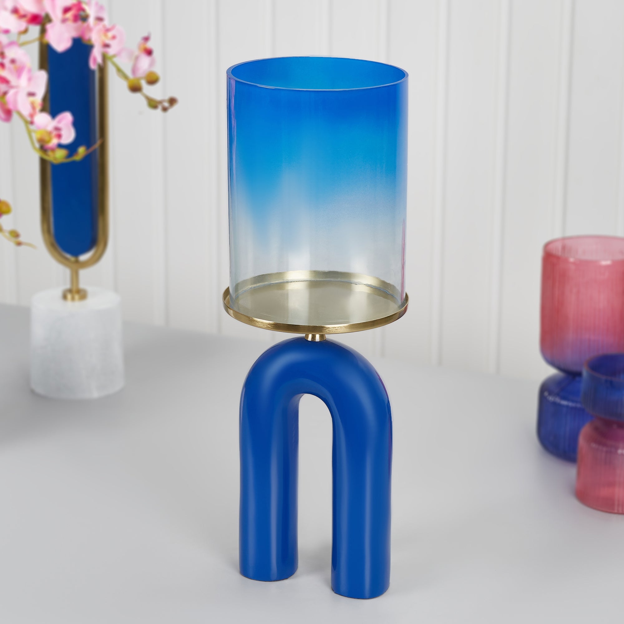 Athena Aluminium and Glass Rainbow Candle Holder 15x41 Cm in Navy Blue Colour