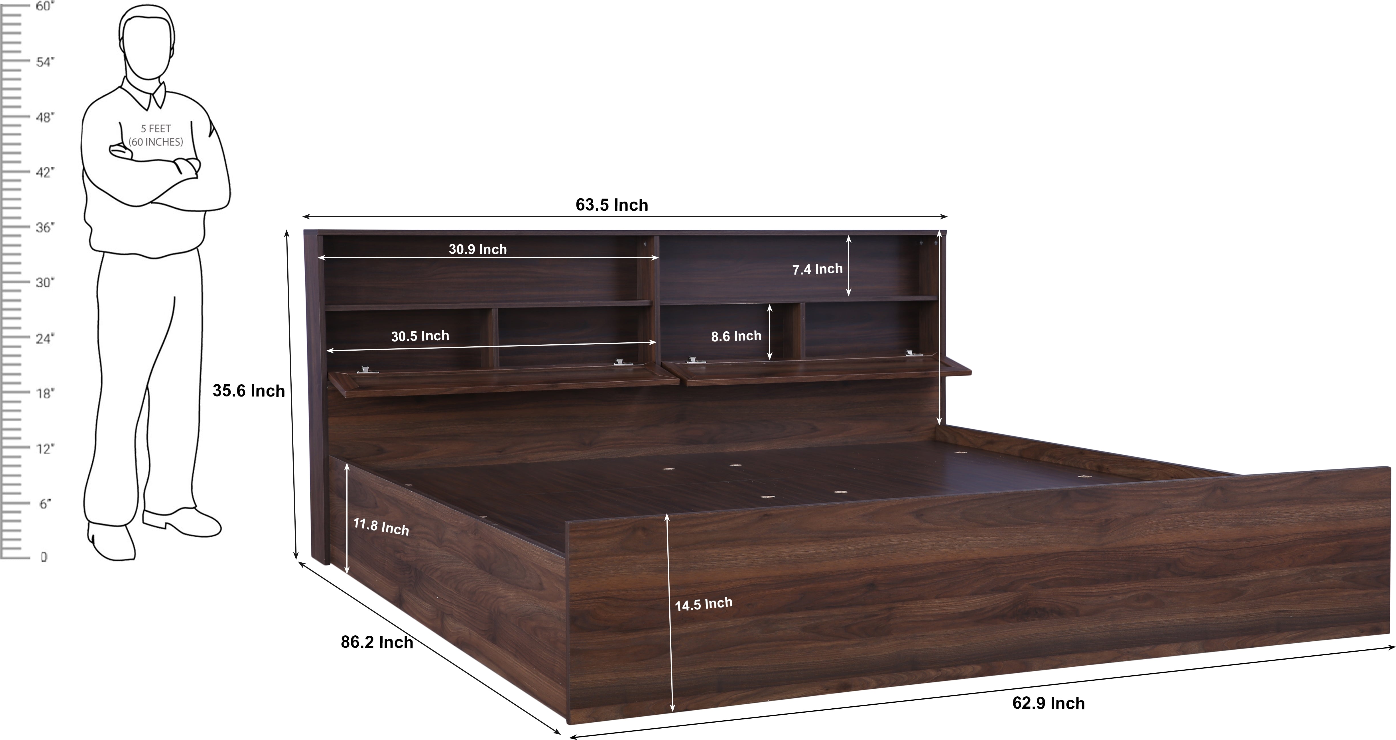 Alyssa Queen bed with Box storage in Wenge Colour