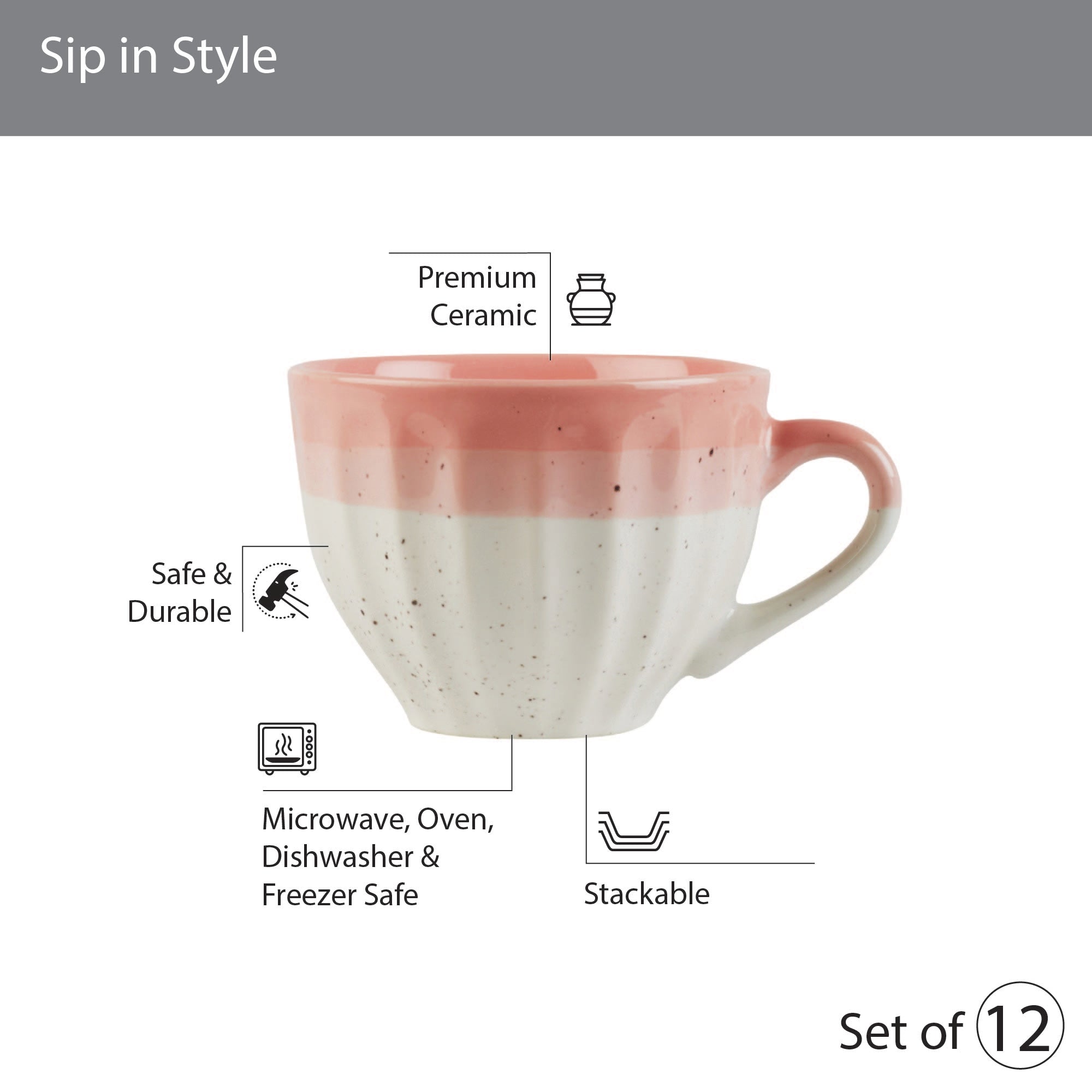 Emilia Ceramic Cup & Saucer Set Of 12 With Metal Stand in Blue & Pink Colour