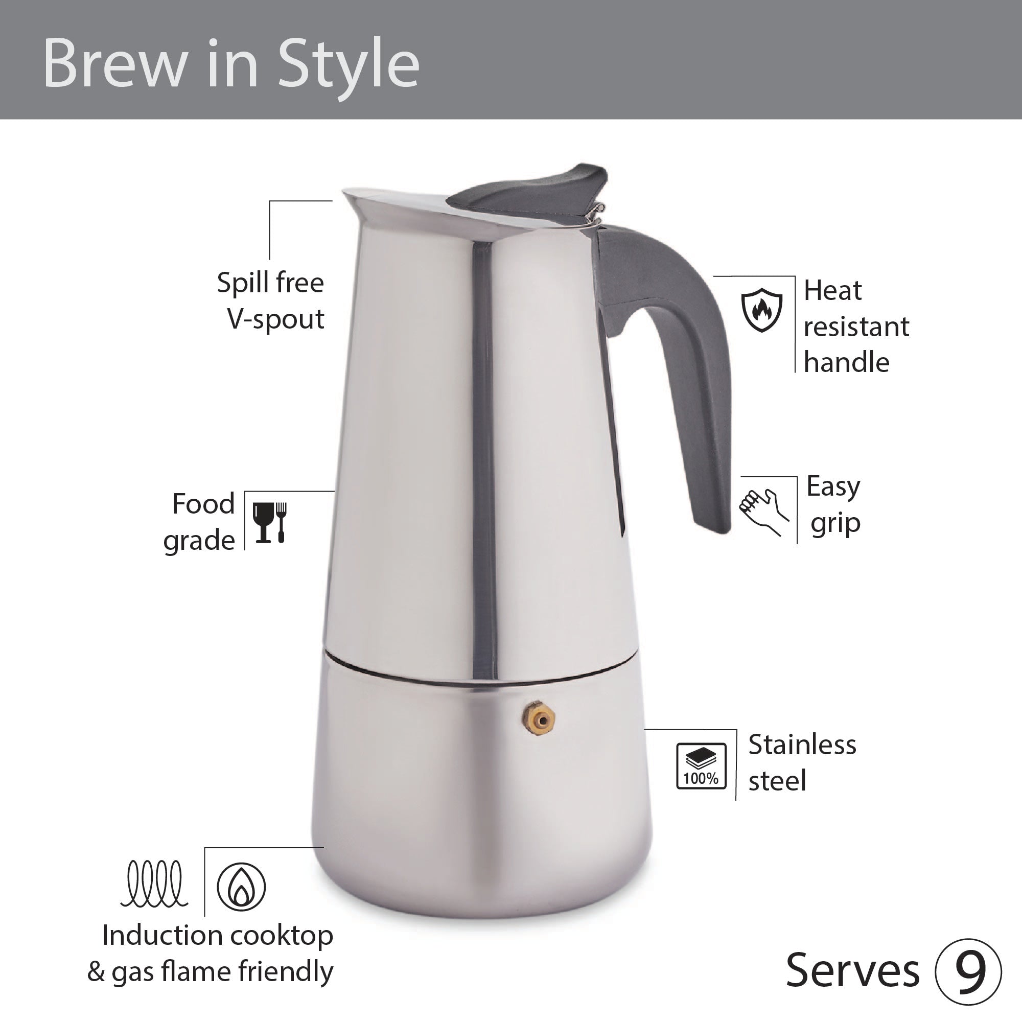 Brew Steel Moka Pot Coffee Maker 450 ml in Silver Colour