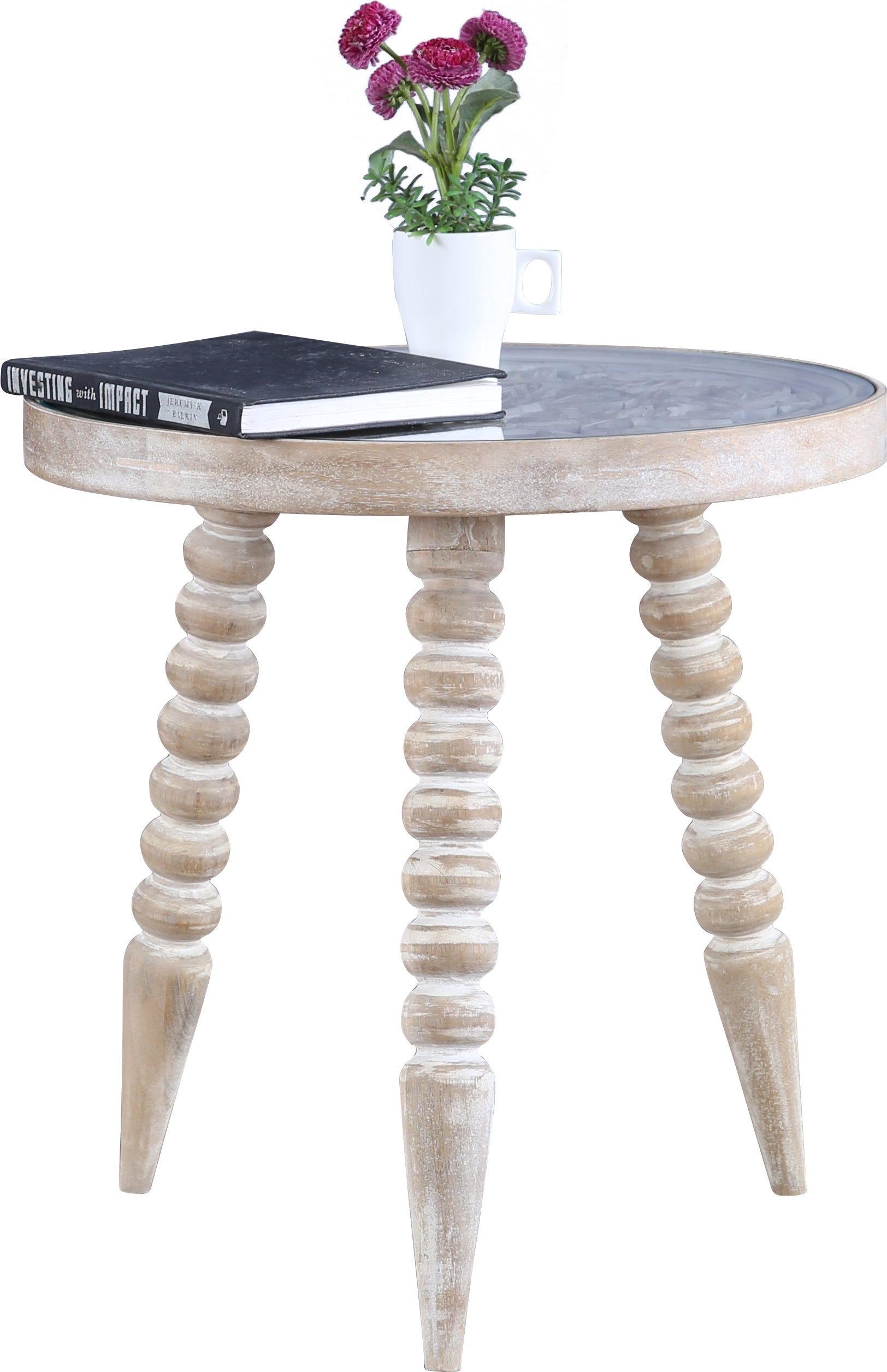 Antico Mango Wood Carved Stool in White Colour