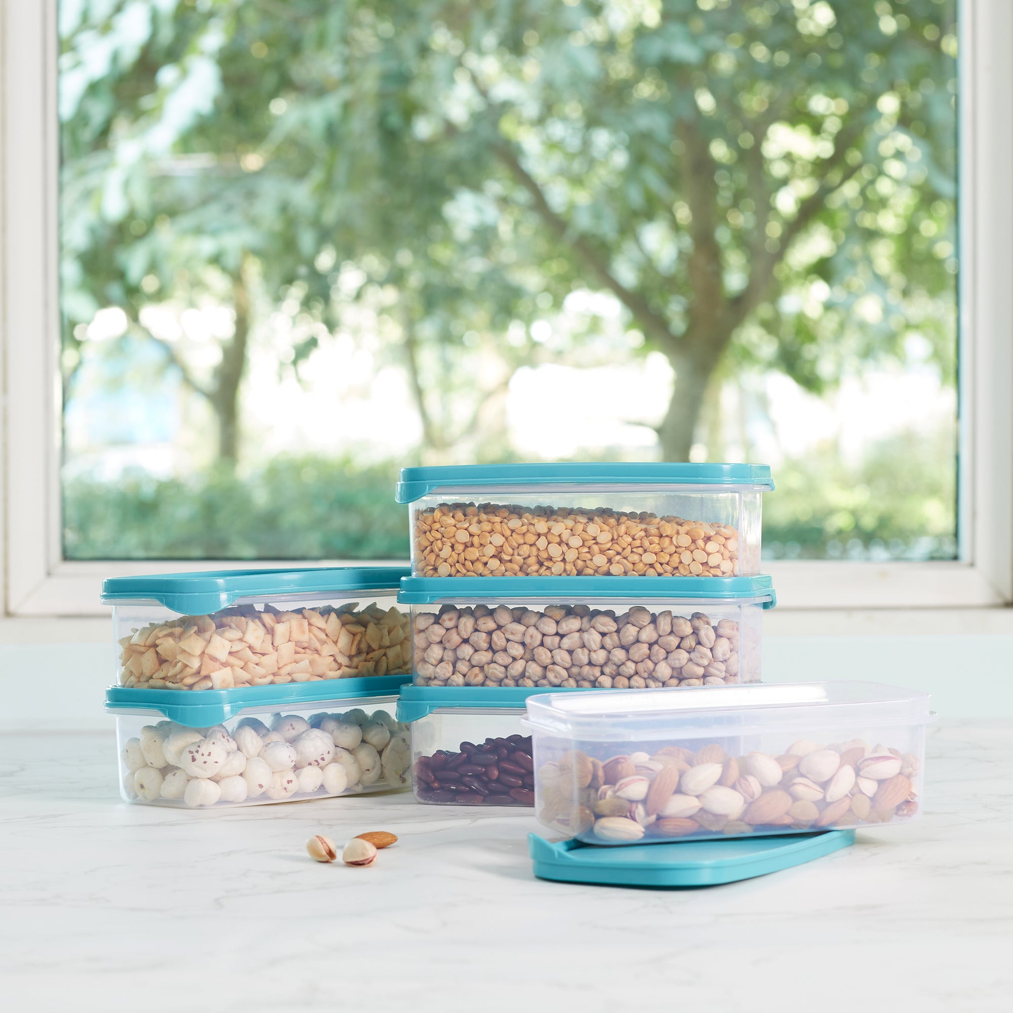 Modular Mate Plastic Rectangular Container 800ml Set of 6 in Teal & Transparent Colour