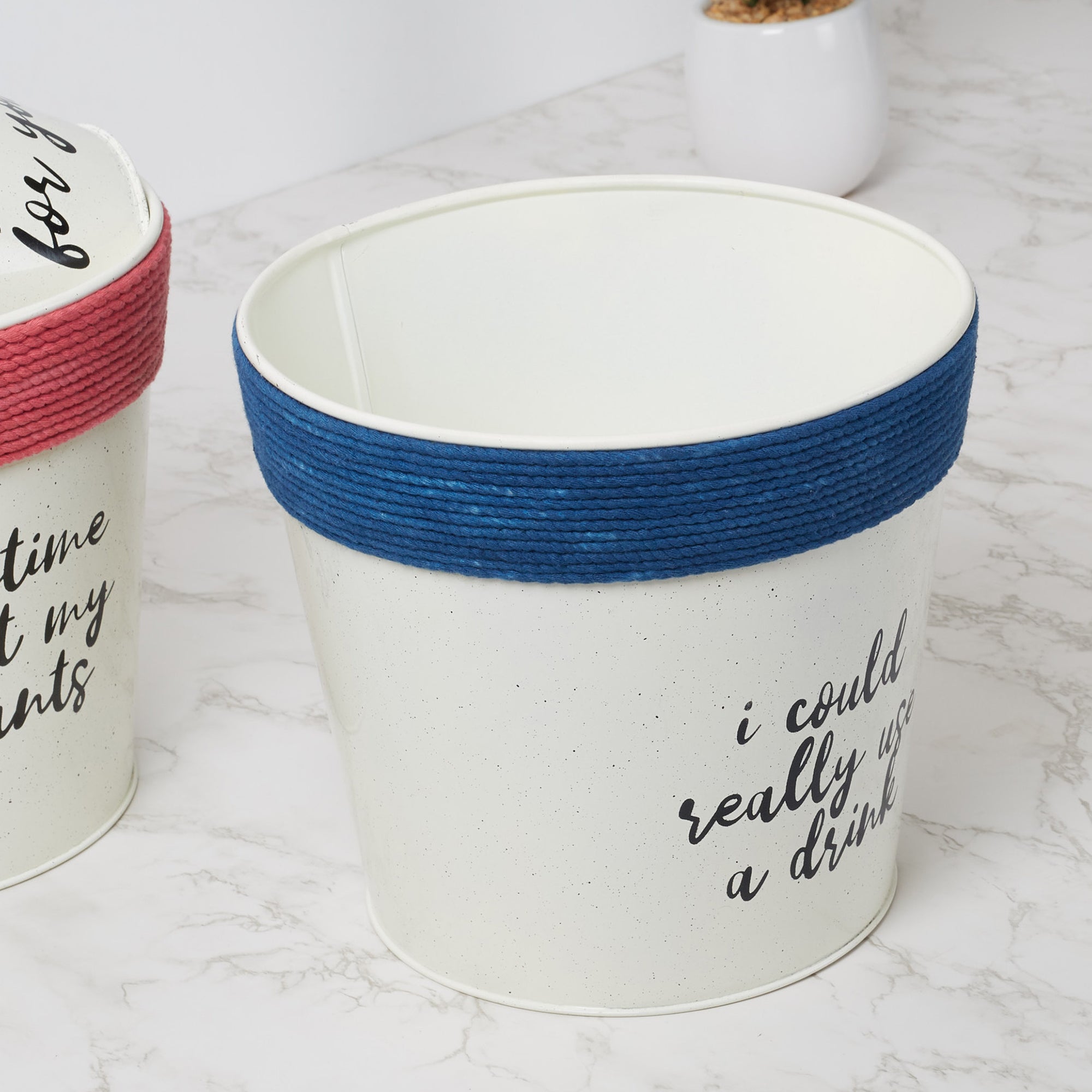 Pep Pop Metal Funky Quote Planter 19Cm in Off White & Indigo Colour