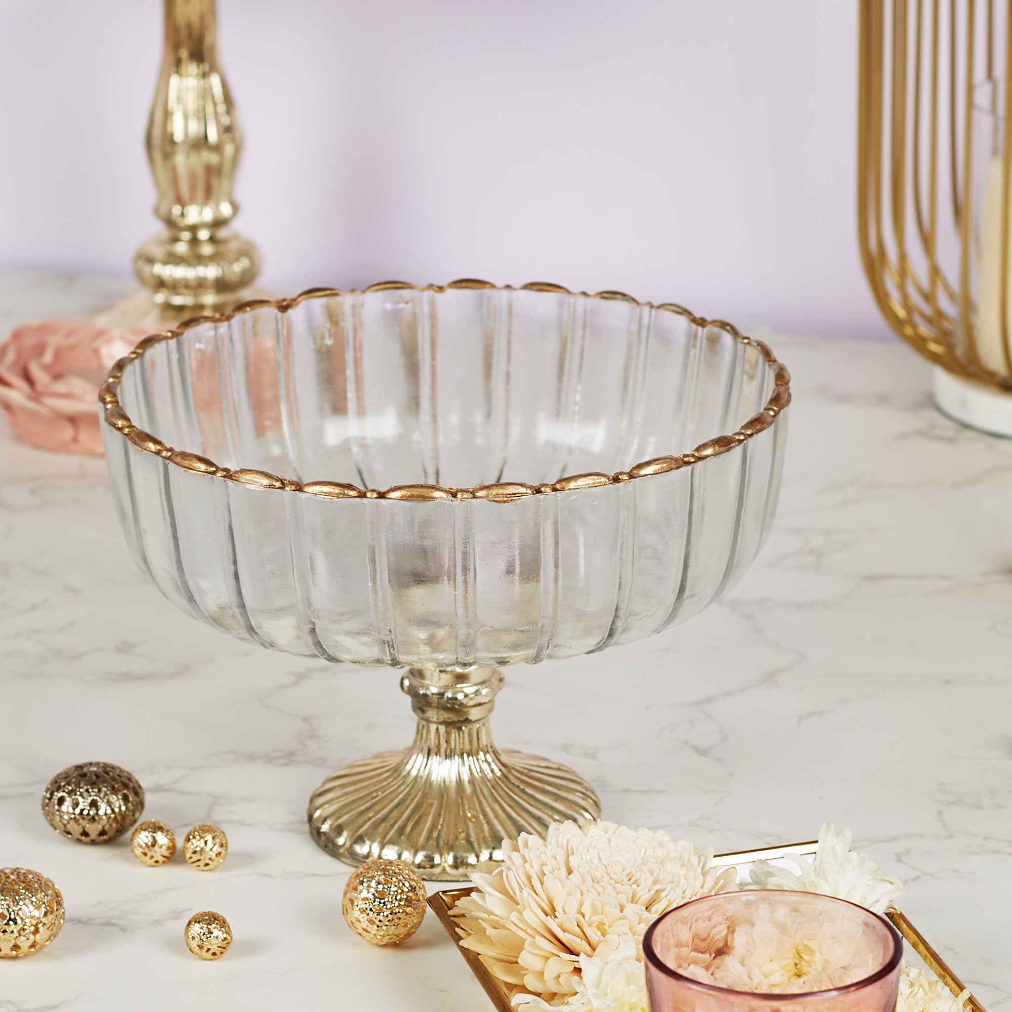 Phiona Glass Fluted Handcrafted Bowl 13 Cm in Gold Colour