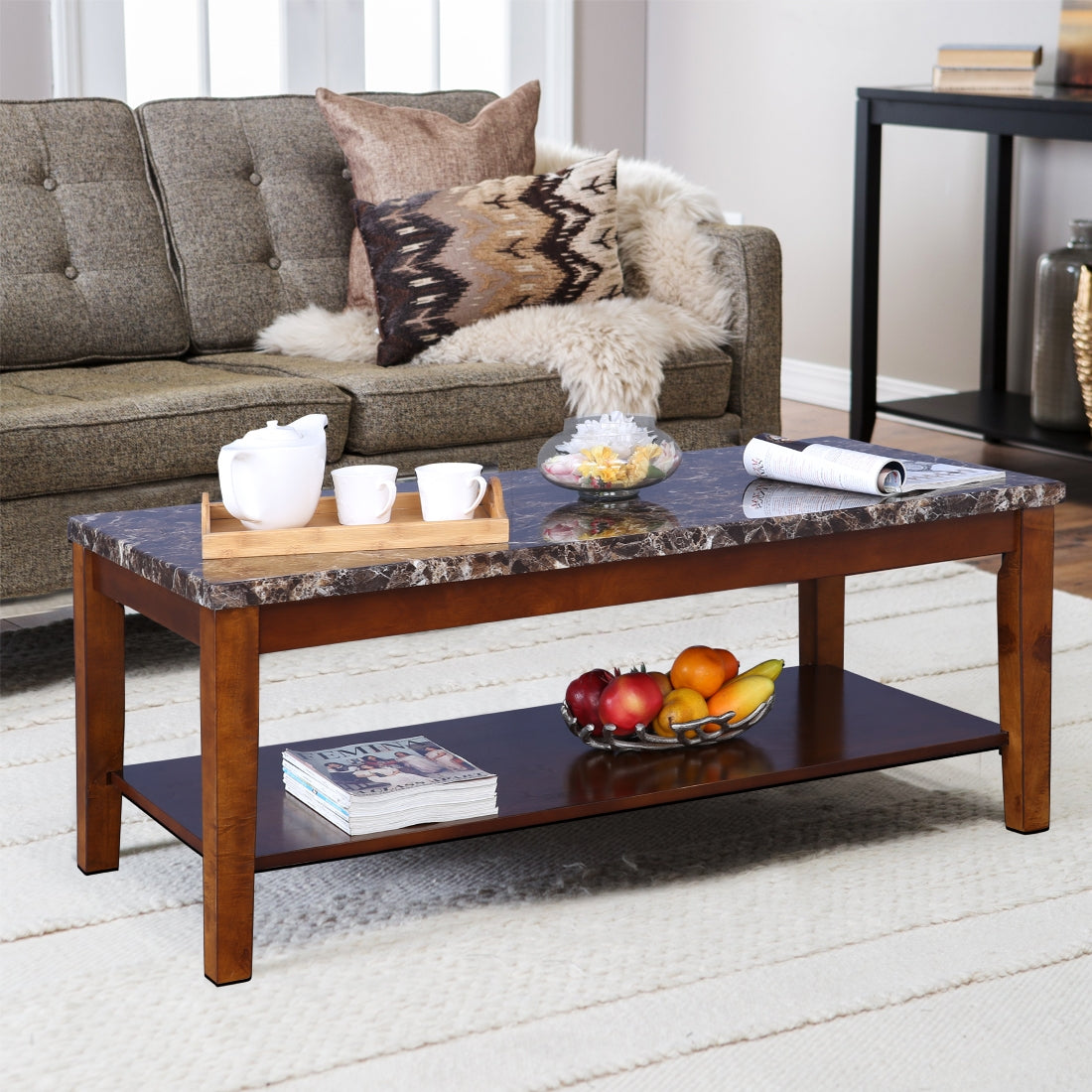 Eden Marble Finish Top Center Table in Brown Colour