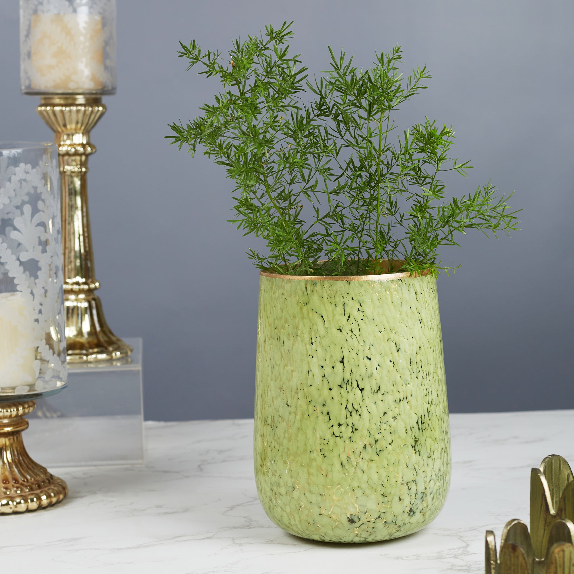 Phiona Glass Textured Handcrafted Vase 21 Cm in Olive Colour
