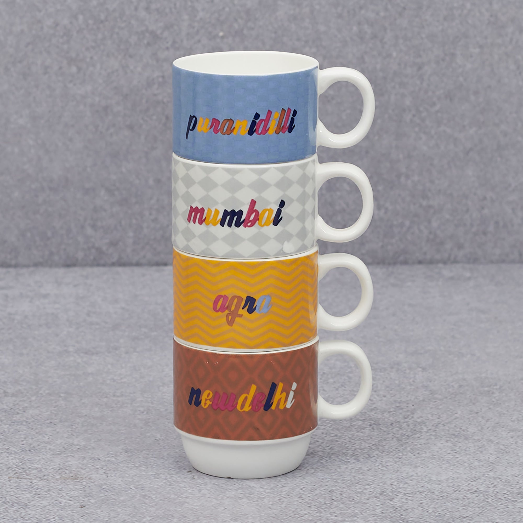 Milan Bone China India Stackable 220 Ml Tea Mug Set of 4 with Stand in Multi Colour