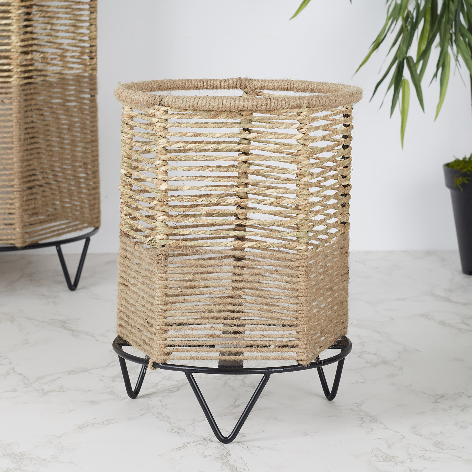 Boho Metal And Natural Fiber Planter Stand 27Cm in Brown Colour