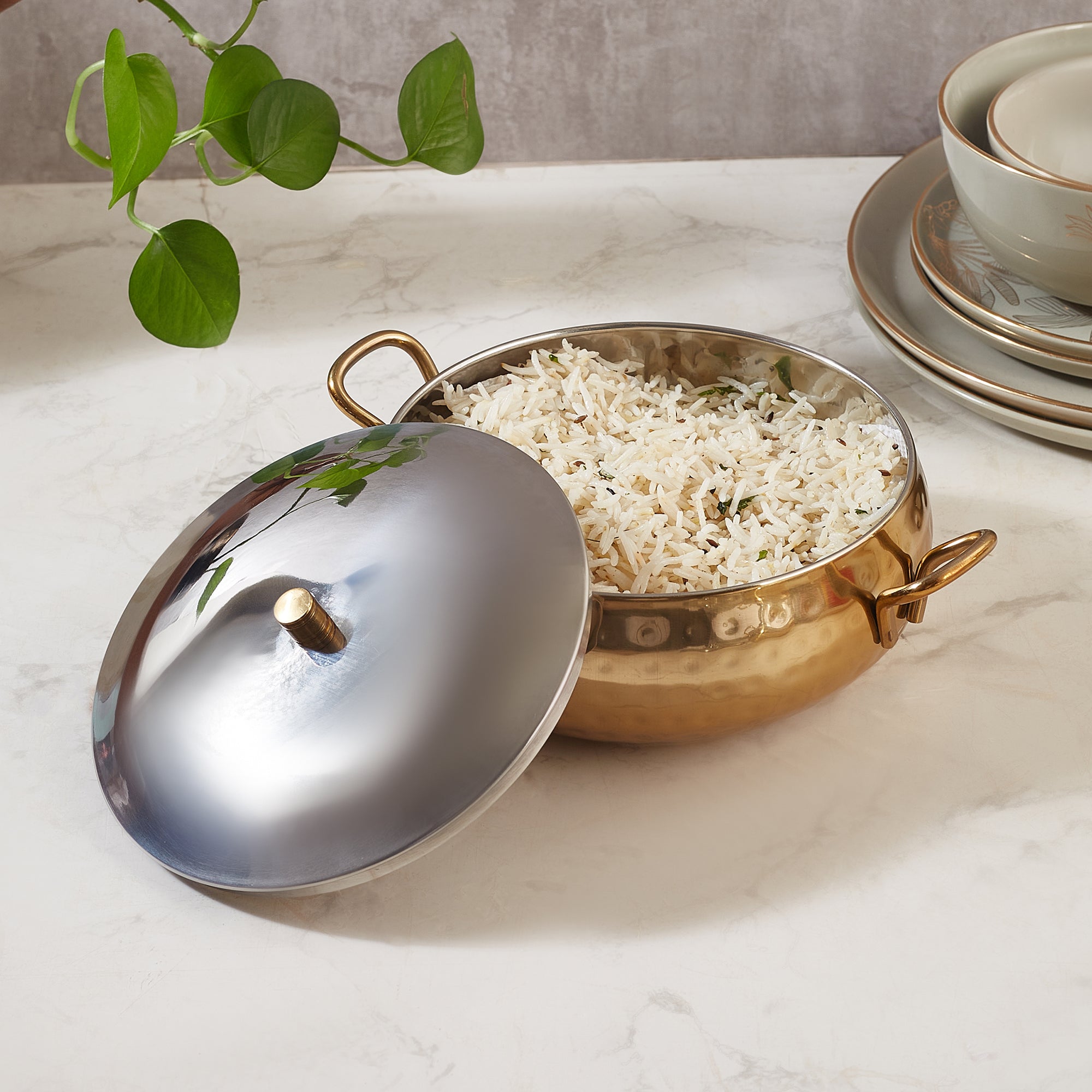 Sapphire Stainless Steel Hammered Serving Handi with Lid in Gold & Silver Colour by Living Essence
